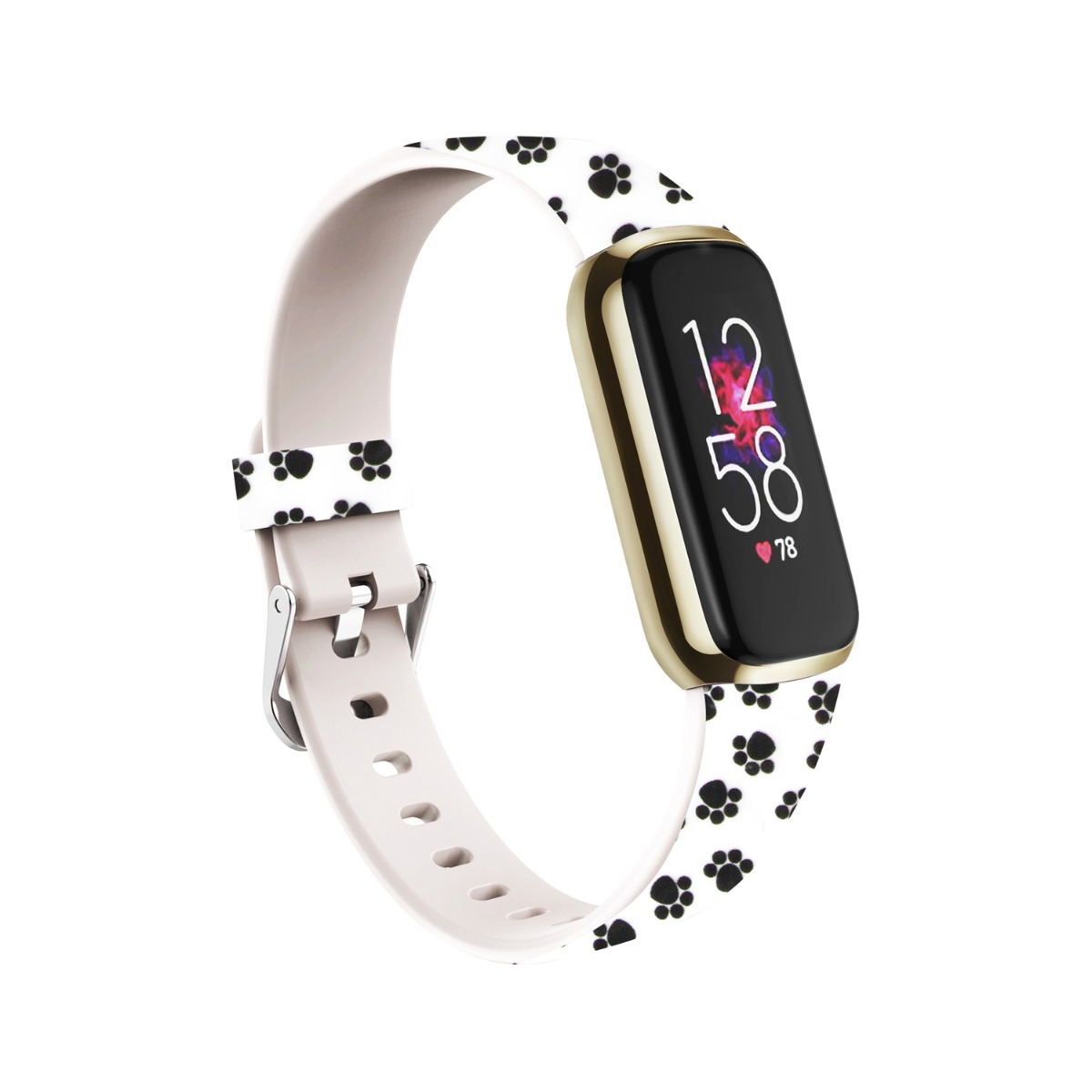 Ein weißer Fitnesstracker mit goldenem Rand und einem Armband mit schwarzen Pfotenabdrücken.