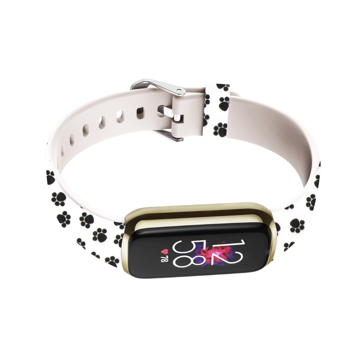 Fitness-Tracker mit weißem Armband mit schwarzen Pfotenabdrücken.