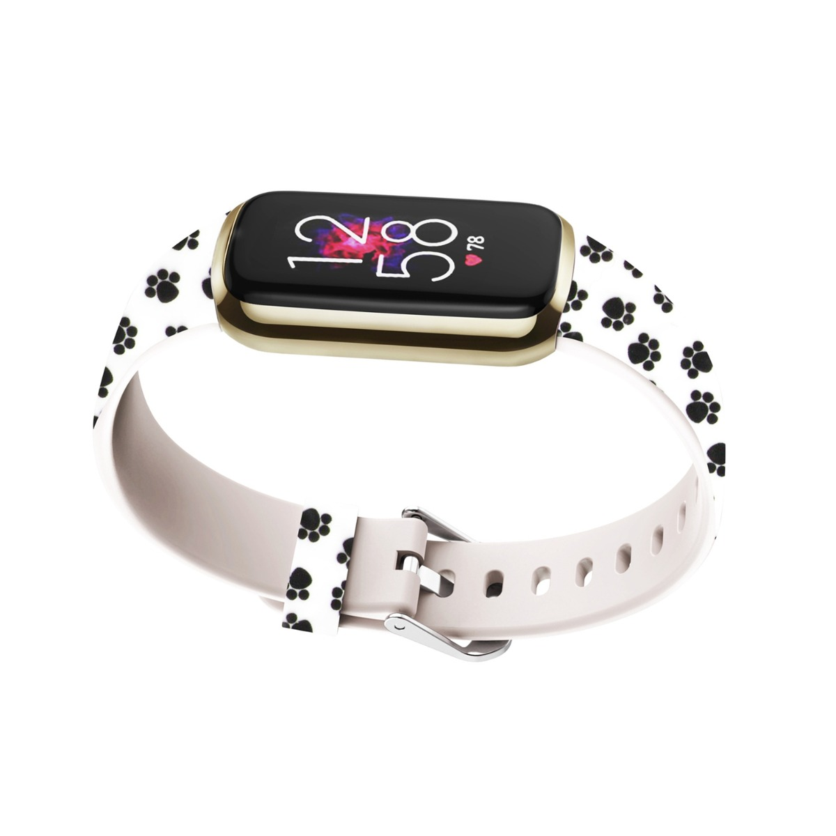 Ein silbernes Fitnessarmband mit schwarzem Pfotenabdruckmuster auf weißem Hintergrund.