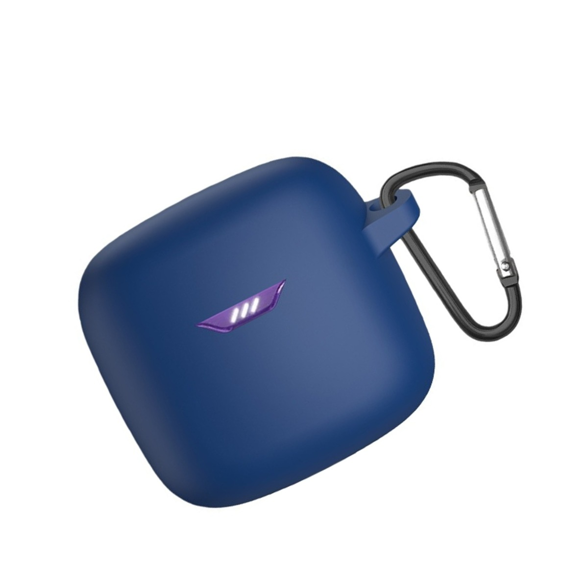 Dunkelblaue Kopfhörerhülle mit lilafarbenem Logo und schwarzem Karabiner.