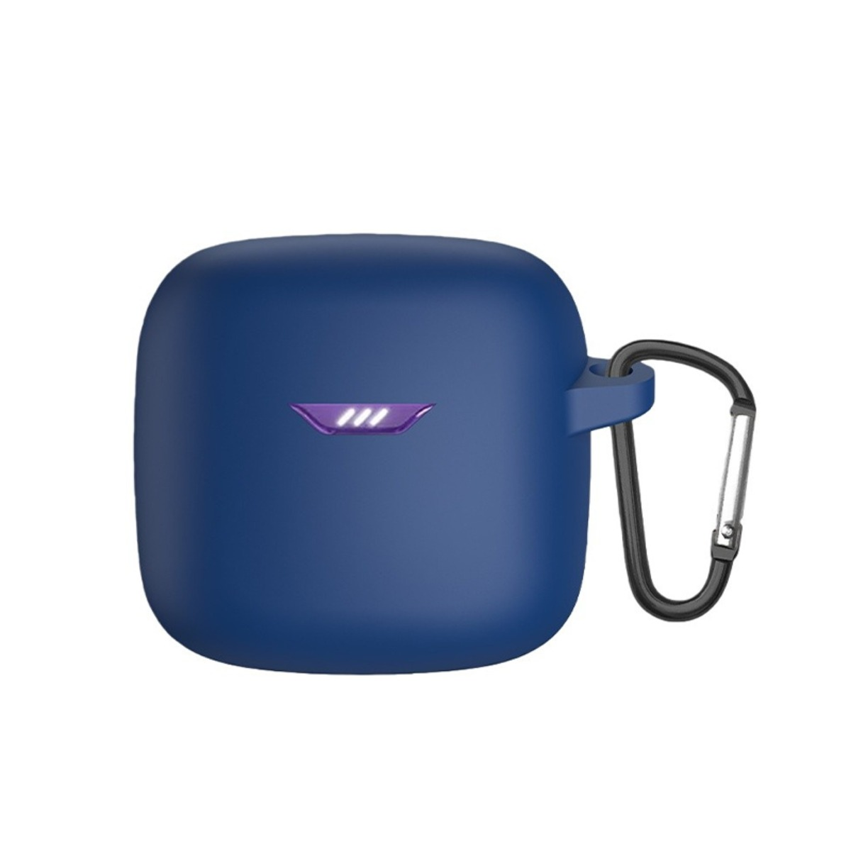 Dunkelblaue Kopfhörerhülle mit silbernem Karabiner und lila Ladeanzeige.