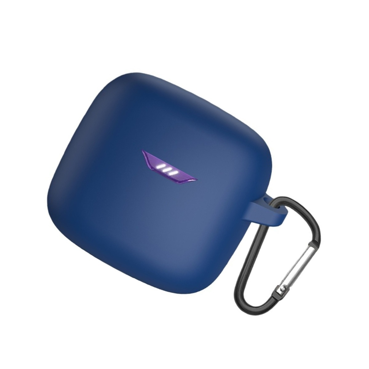 Eine blaue Kopfhörerhülle mit lila Logo und schwarzem Karabiner.