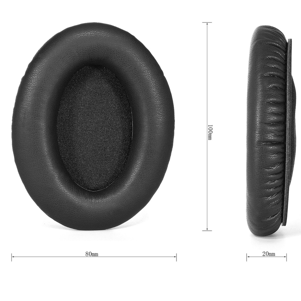 Cuscinetto nero per cuffie, largo 80mm, alto 100mm, spesso 20mm.
