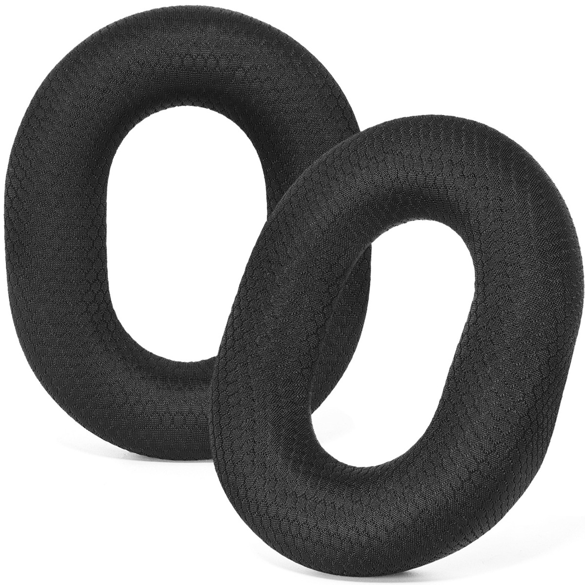 Due cuscinetti auricolari ovali neri per cuffie sono uno accanto all'altro.