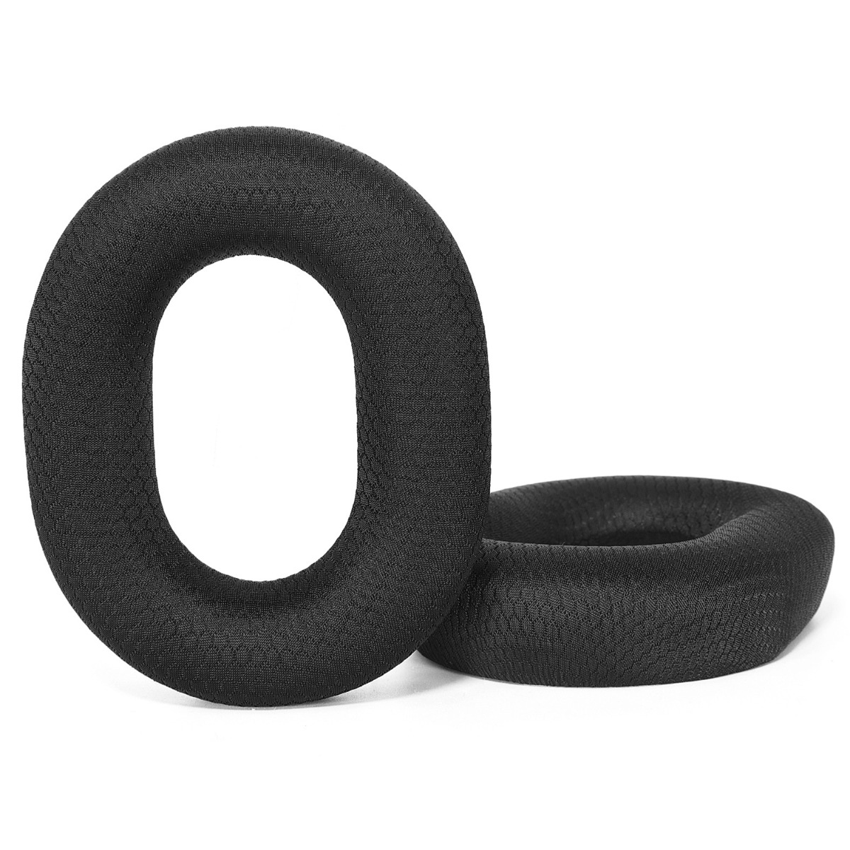 Due cuscinetti neri per cuffie su sfondo bianco.