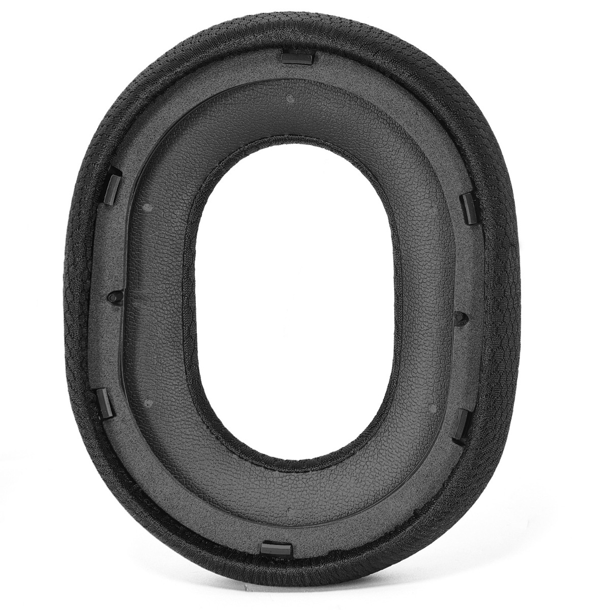 Inserto ovale nero per cuscino auricolare con bordo in tessuto e clip.