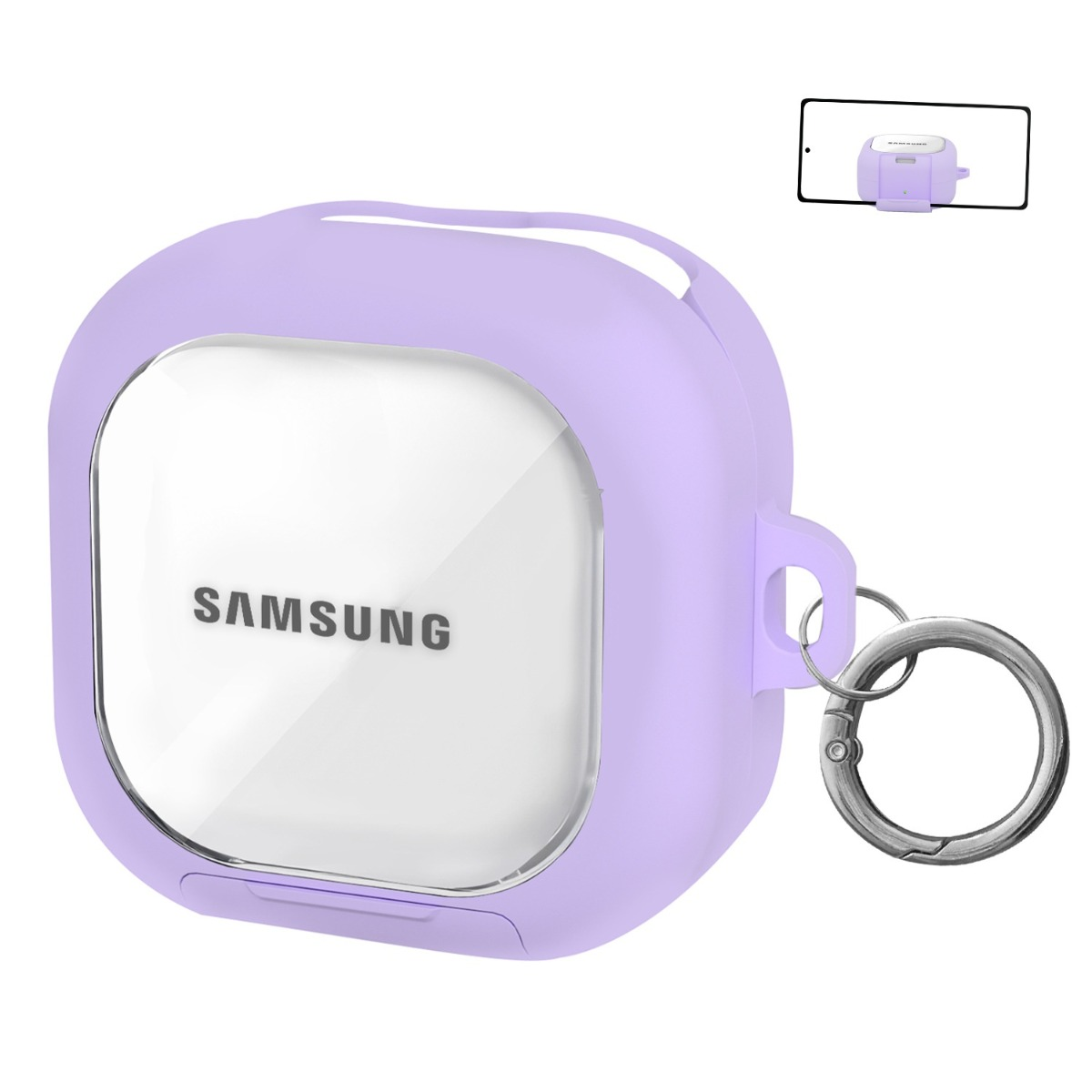 Lila Hülle mit Schlüsselring für Samsung Ohrhörer, mit klarem Fenster.