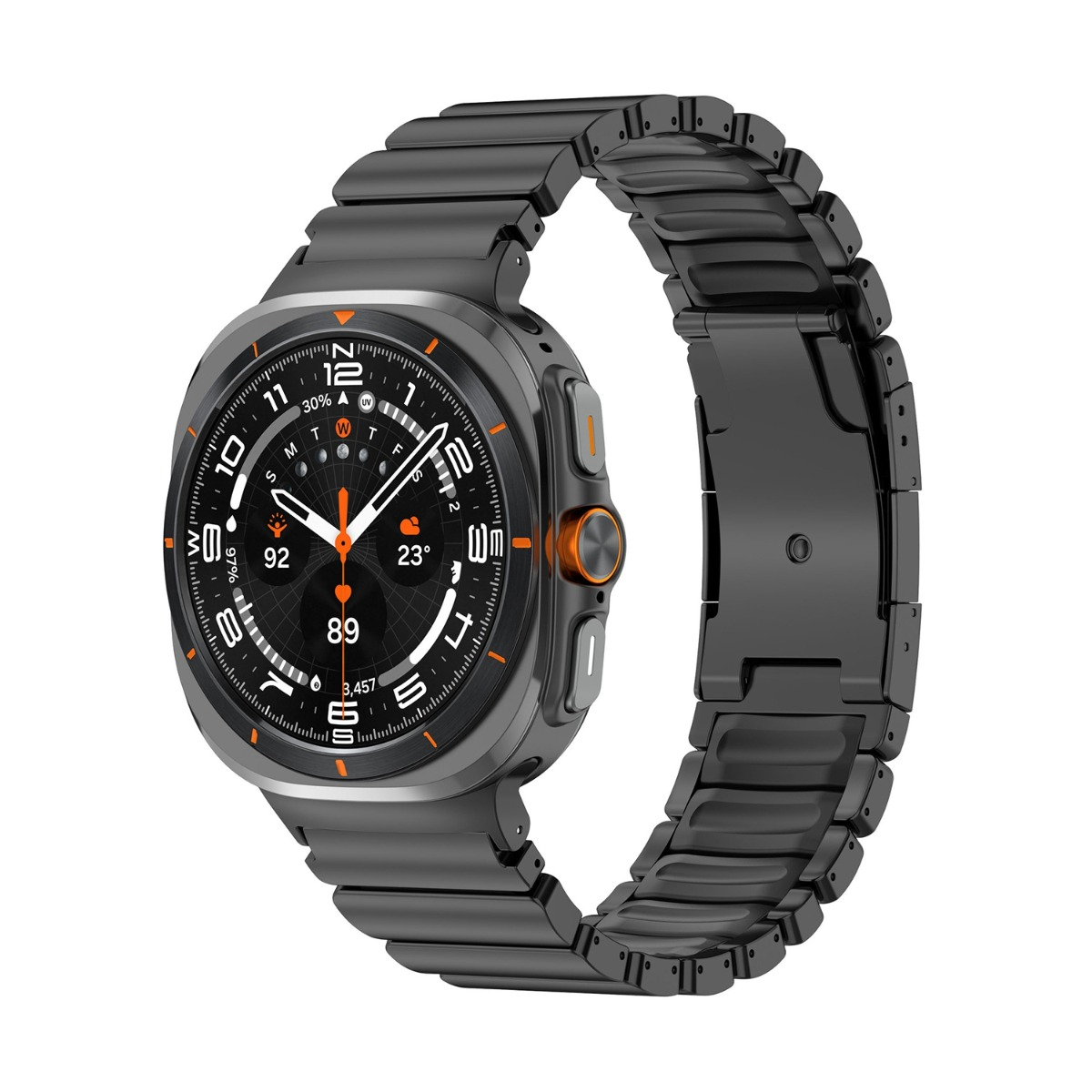 Eine dunkelgraue Smartwatch mit Metallarmband zeigt Uhrzeit, Temperatur und Schritte an.