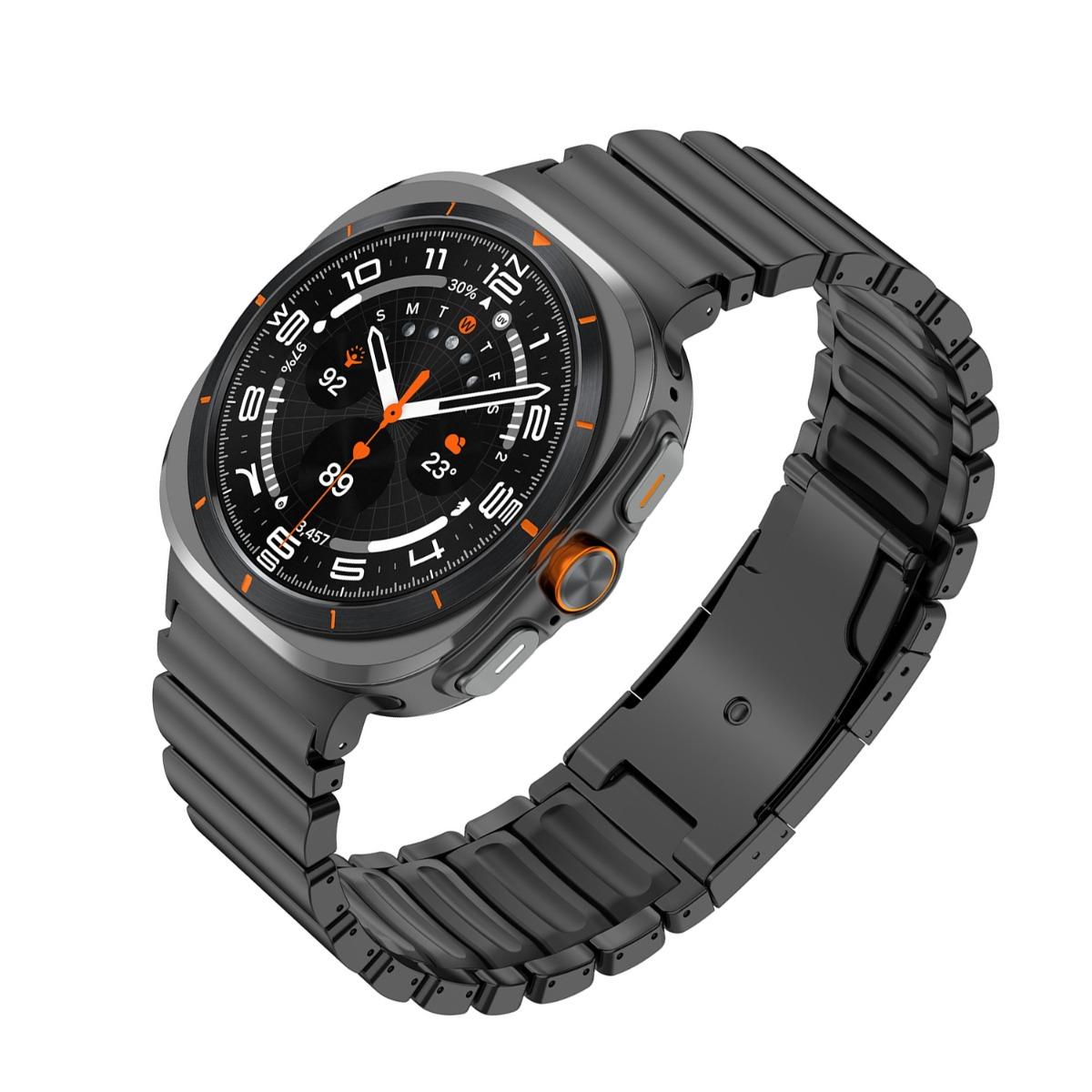 Eine dunkelgraue Smartwatch mit Metallarmband zeigt Uhrzeit, Wetter und Aktivitätsdaten.