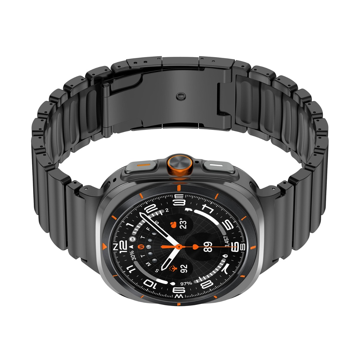 Schwarze Smartwatch mit Metallarmband und digitalem Zifferblatt. Zeigt 23 Grad.