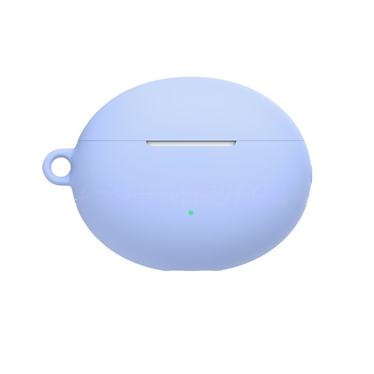 Custodia di ricarica per auricolari azzurro con anello appeso e LED verde.