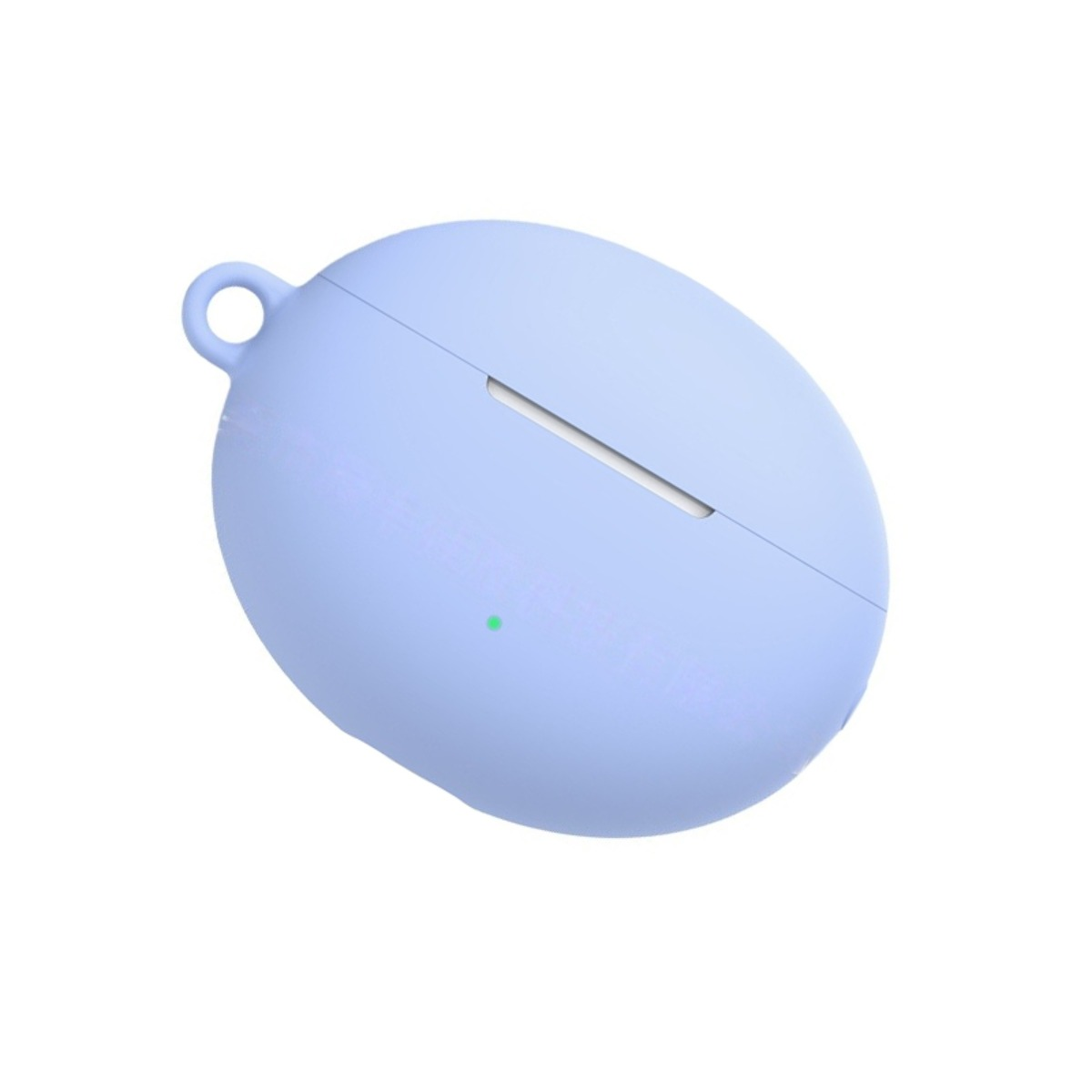 Custodia azzurra per auricolari wireless con cinturino e LED verde.