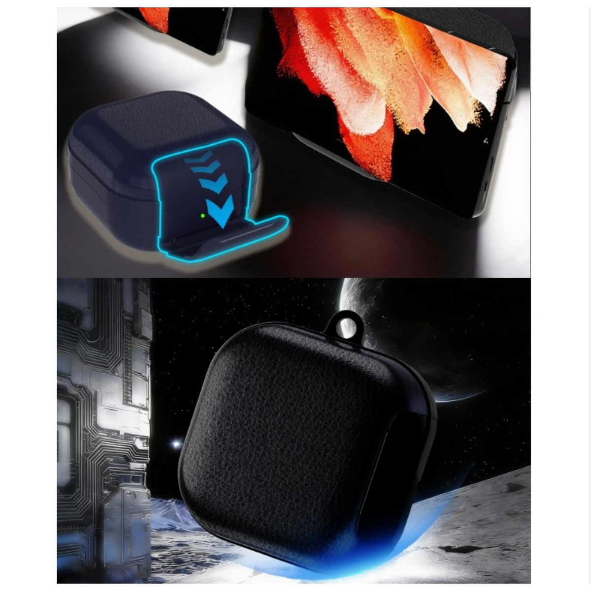 Custodia nera con bagliore blu, accanto uno smartphone con immagini colorate.