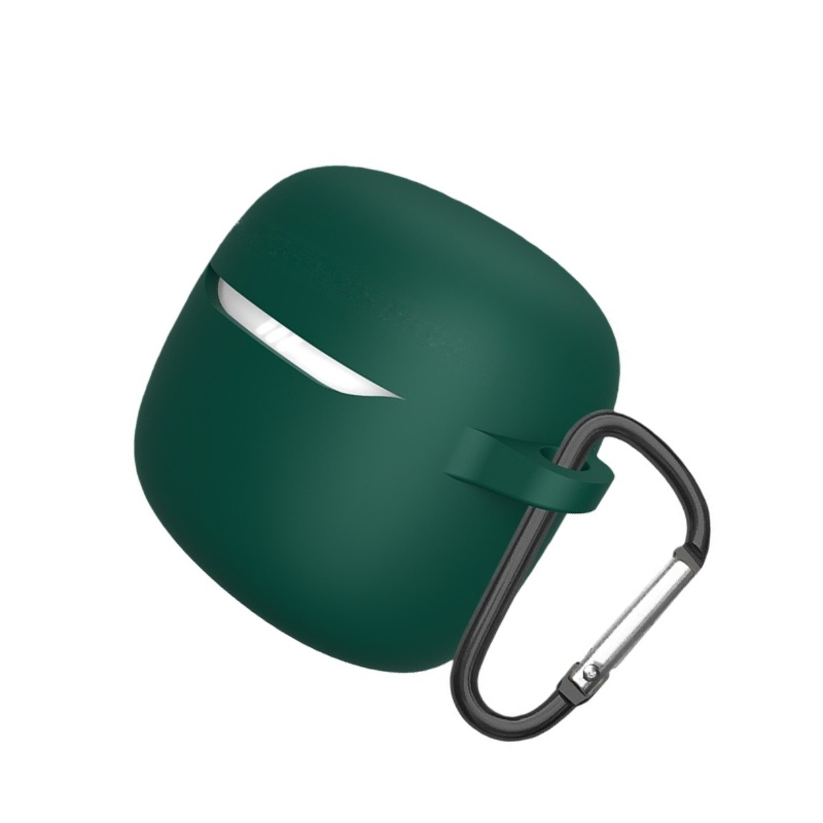 Dunkelgrünes Etui für kabellose Kopfhörer mit silbernem Karabiner.