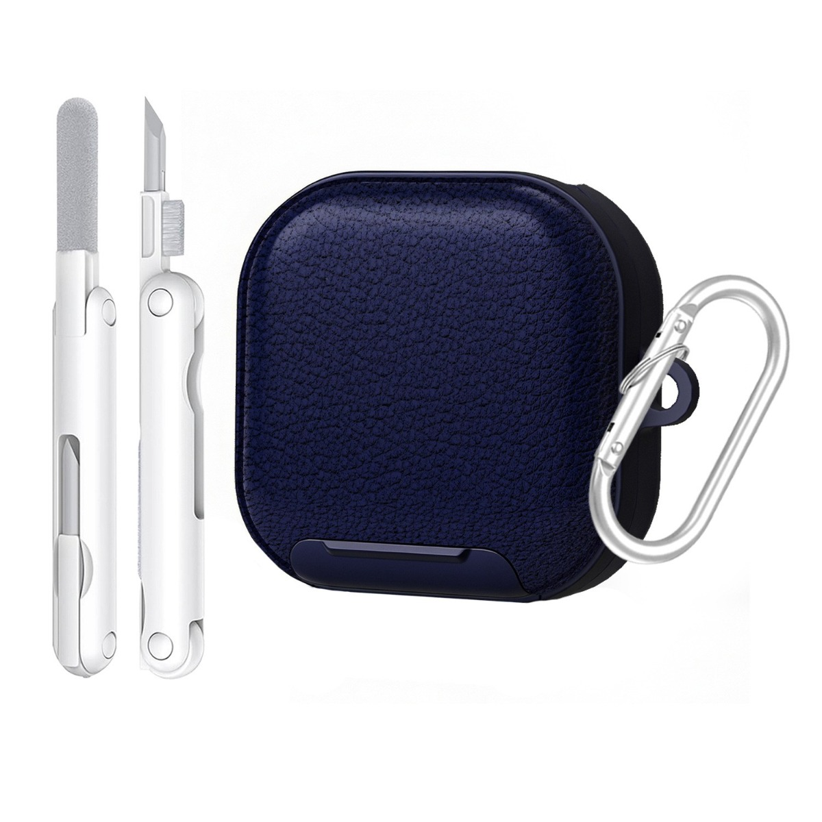 Custodia blu in pelle per auricolari con moschettone e strumento.