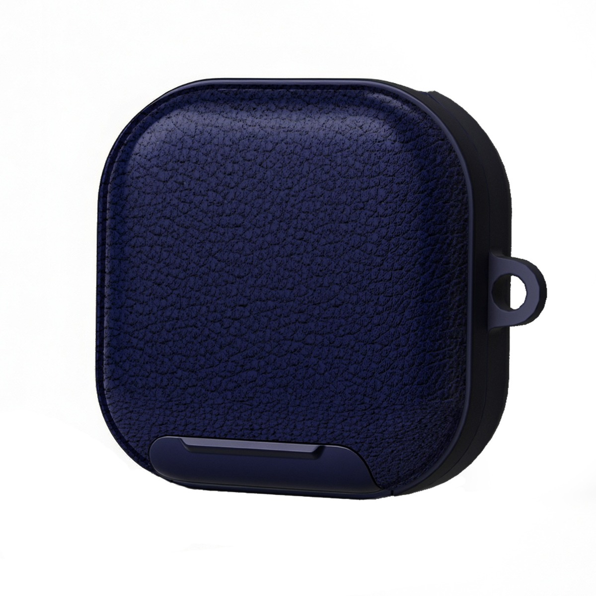 Custodia blu scuro con texture in pelle e passante per laccetto.