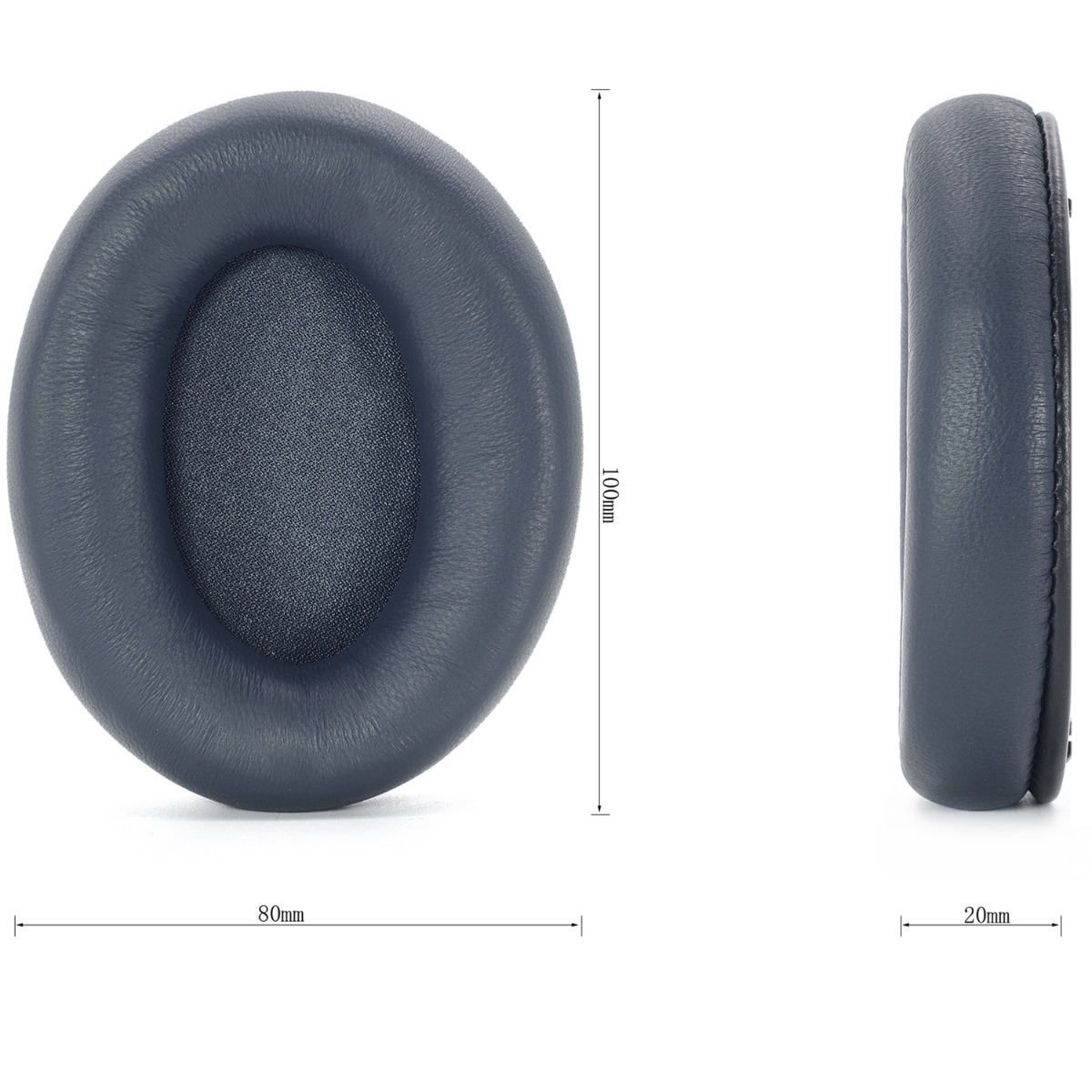 Pads auricolari grigi per cuffie, mostrati fronte e lato con dimensioni.