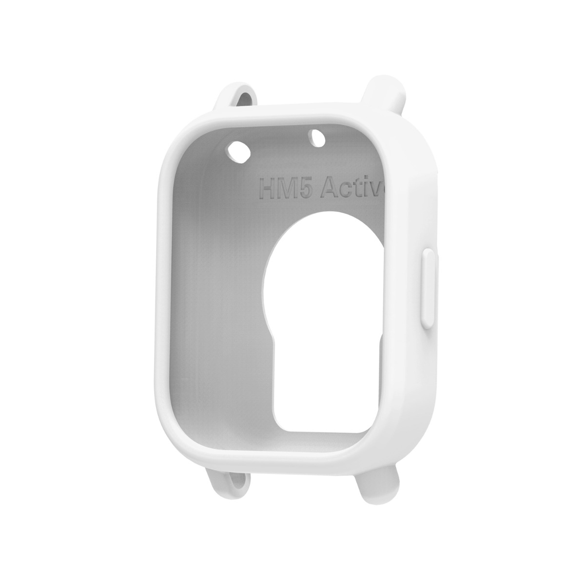 Weiße Schutzhülle für Smartwatch mit Ausschnitt und Knöpfen.