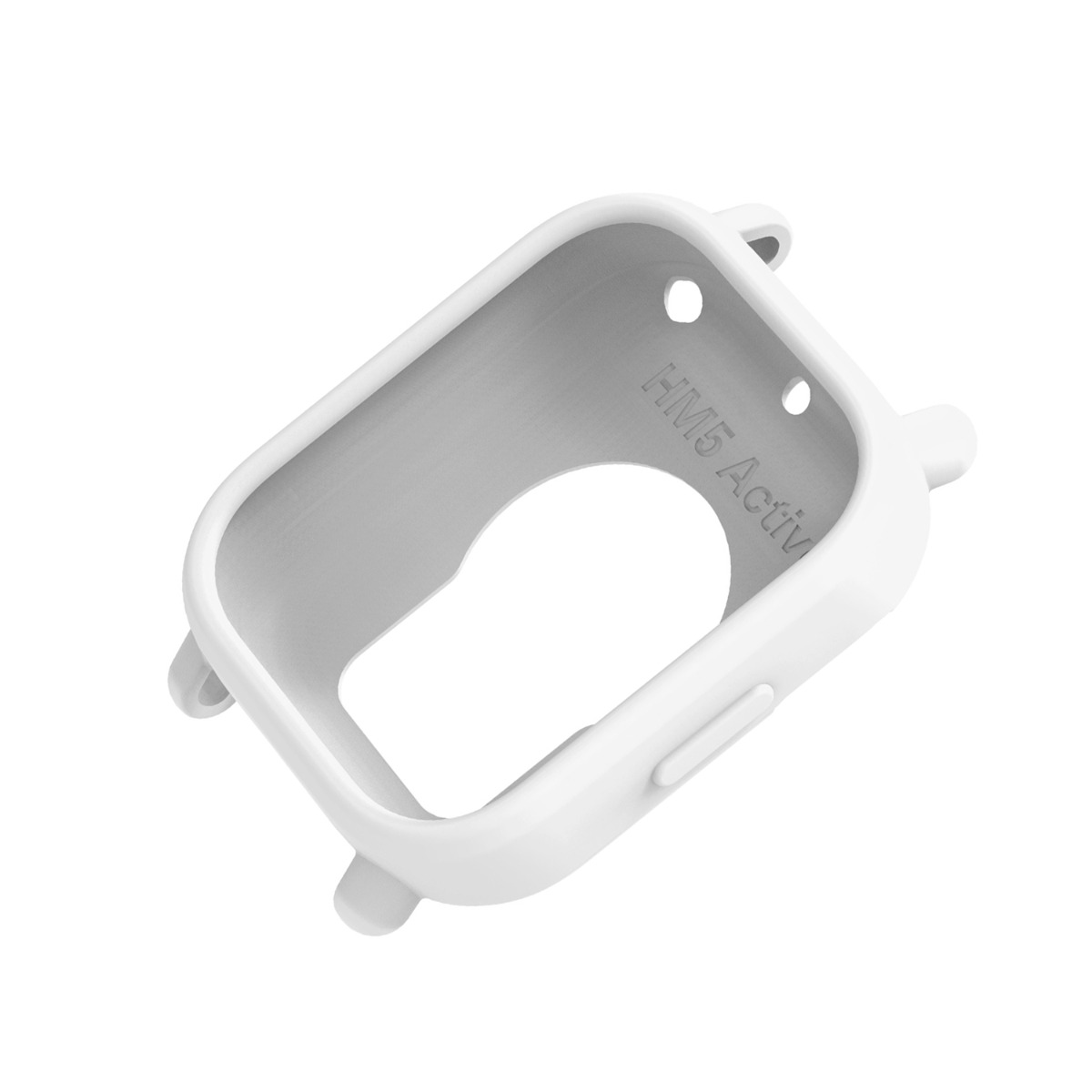 Ein weißer Schutzrahmen für eine Smartwatch mit Aussparungen für Knöpfe und Bildschirm.
