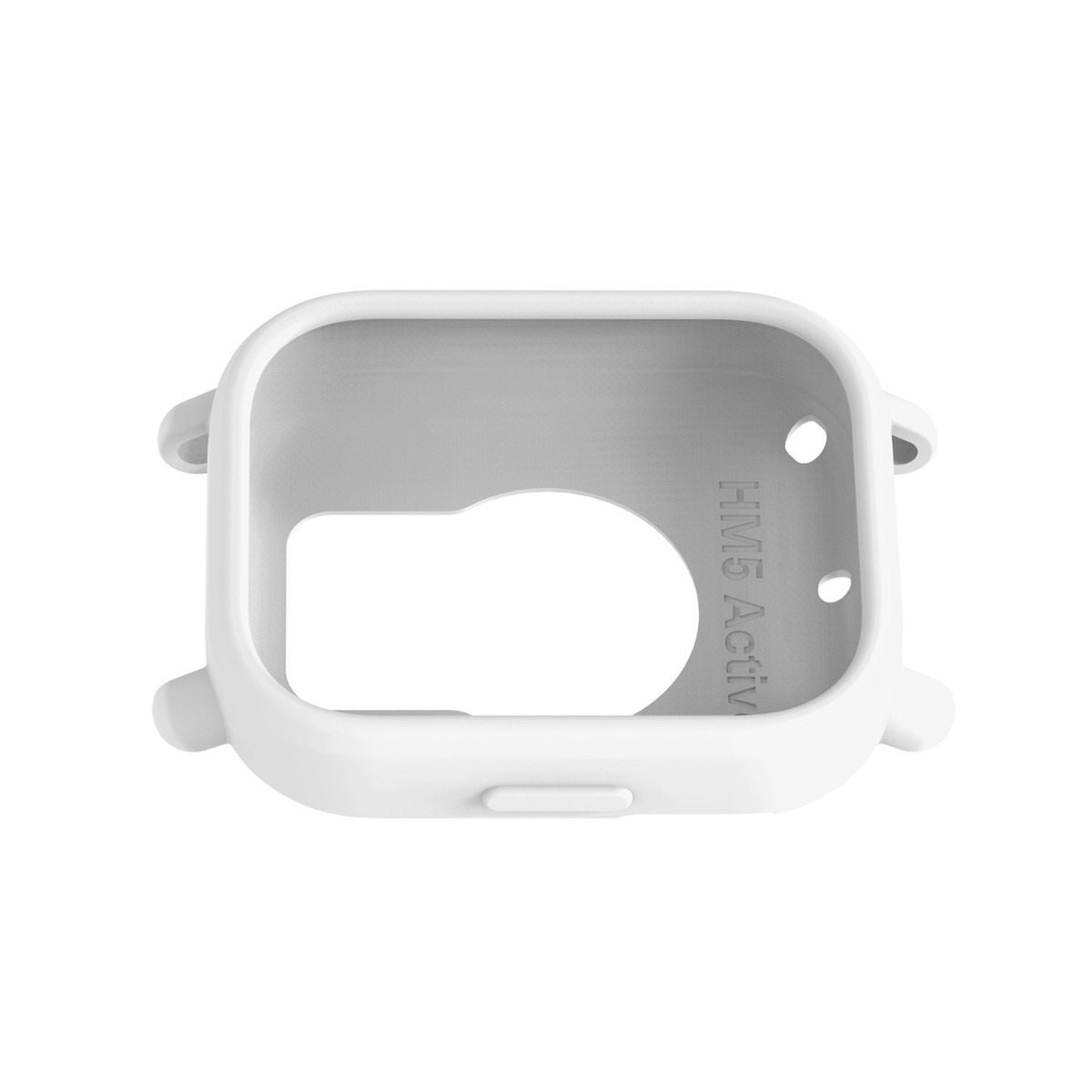 Weißes Gehäuse für Smartwatch mit Ausschnitt und Beschriftung.