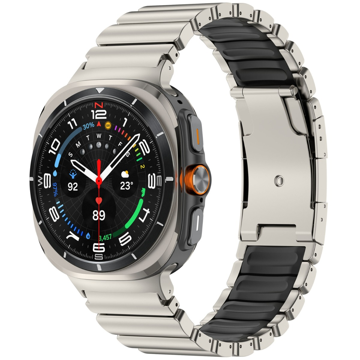 Silberne Smartwatch mit schwarzem Zifferblatt, orangefarbenem Knopf und Metallarmband.