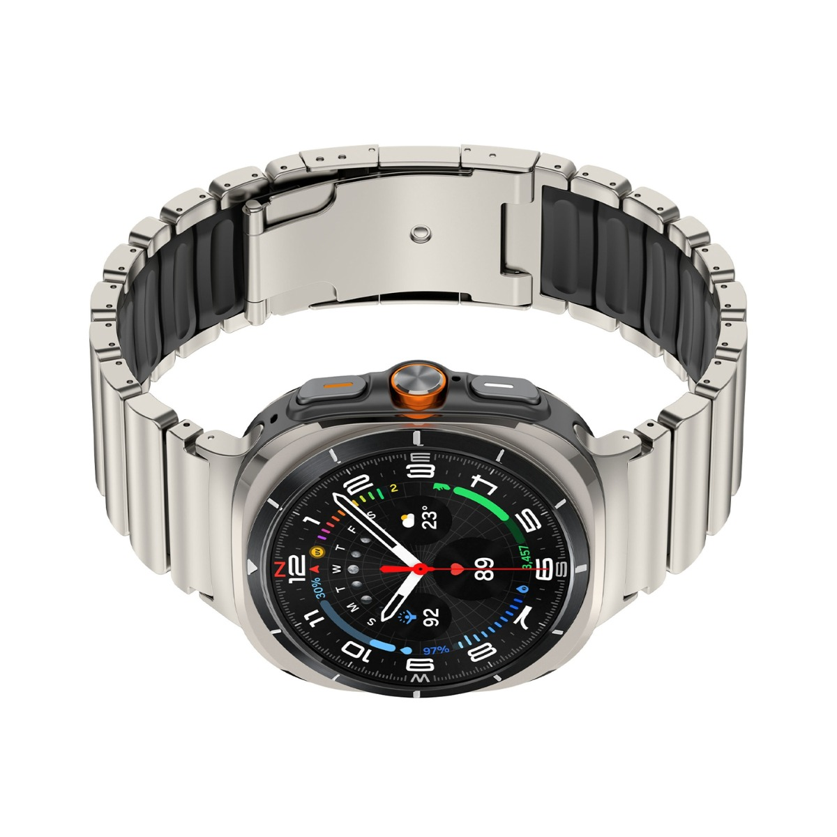 Eine silberne Smartwatch mit schwarzem Zifferblatt und Metallarmband.