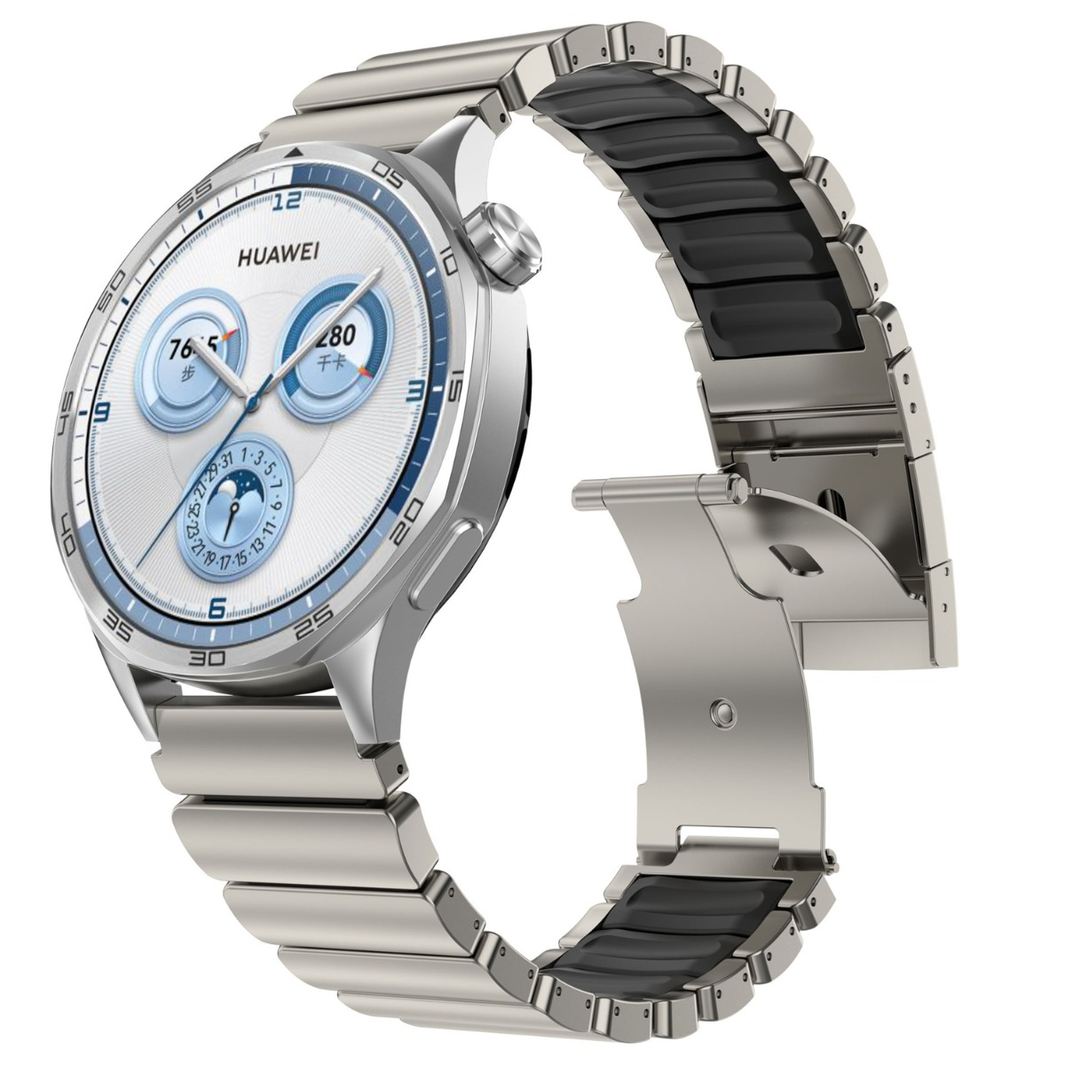 Eine silberne Huawei Smartwatch mit Metallarmband und blau-weißer Anzeige.