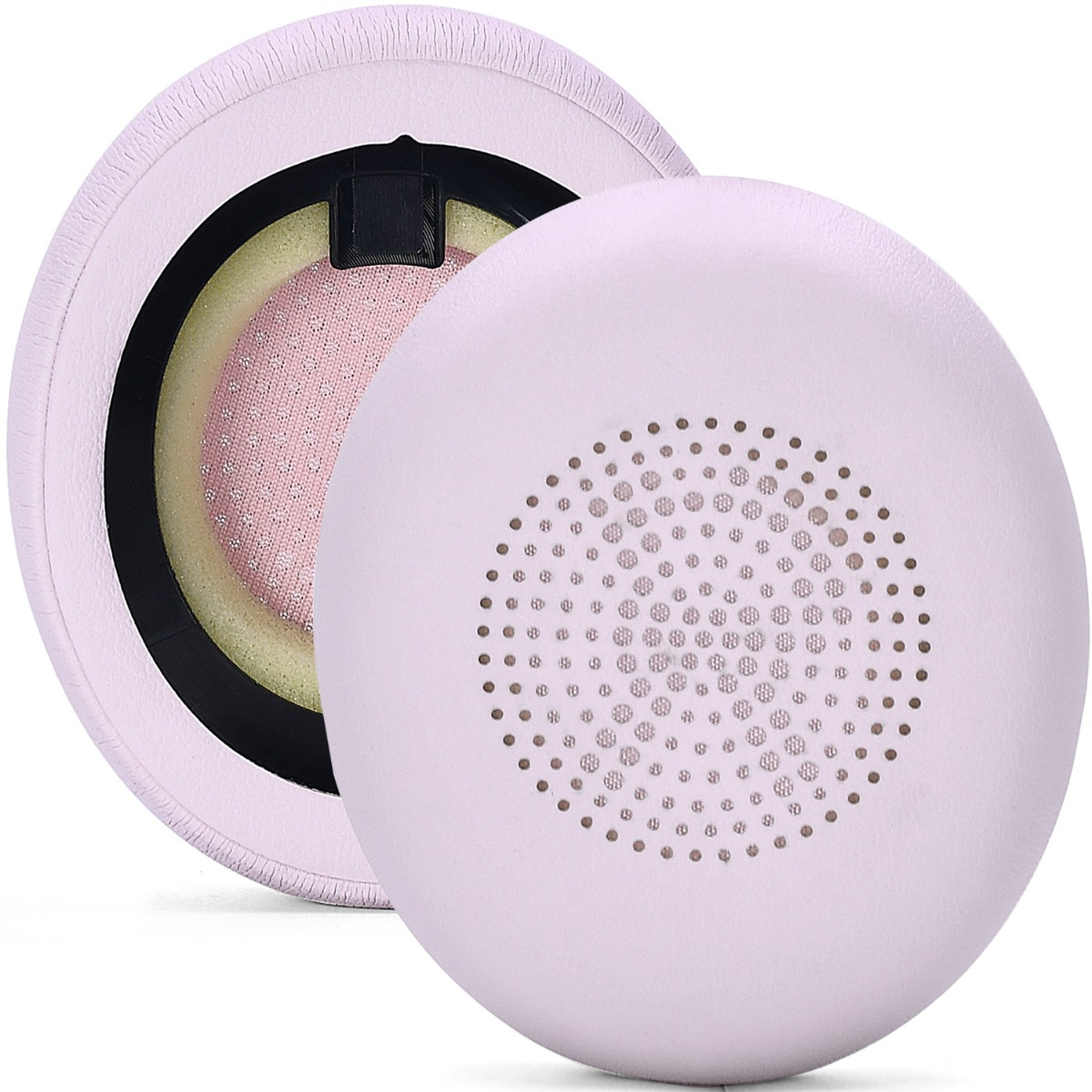 Due cuscinetti auricolari rosa chiaro per cuffie, uno con perforazioni, l'altro mostra strati interni.