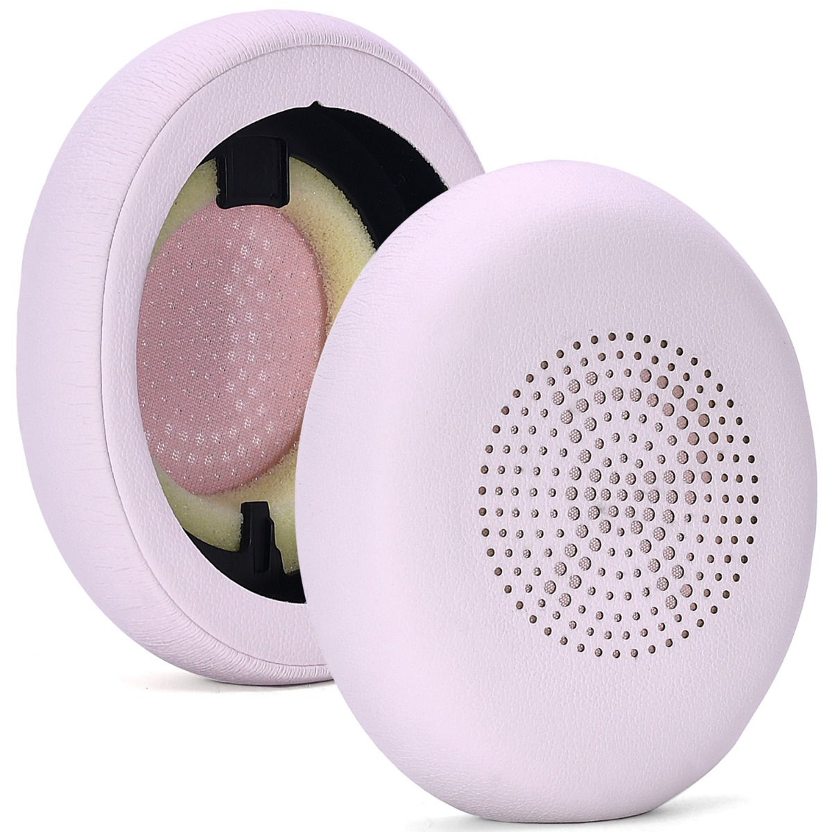 Due cuscinetti per cuffie rosa chiaro, uno con superficie traforata.