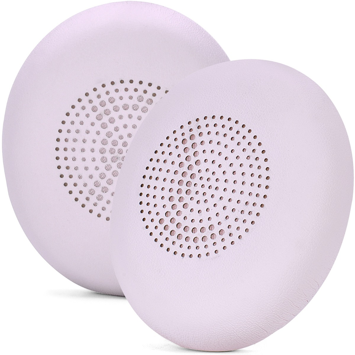 Due cuscinetti auricolari rosa chiaro con motivo traforato al centro su sfondo bianco.