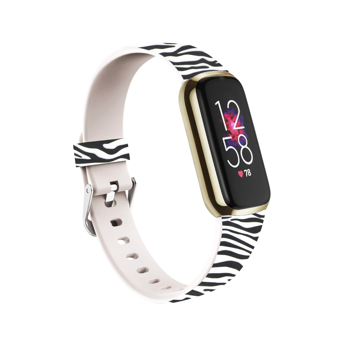 Orologio fitness con cinturino zebrato e fascia chiara.