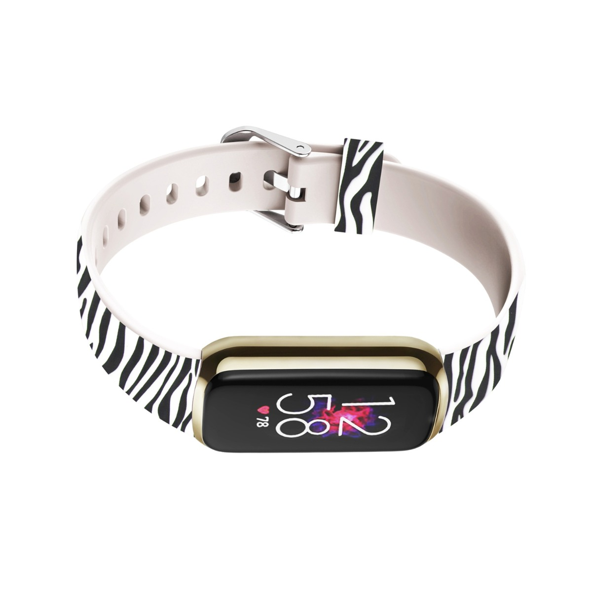 Fitness tracker bianco con motivo zebrato, cornice dorata.