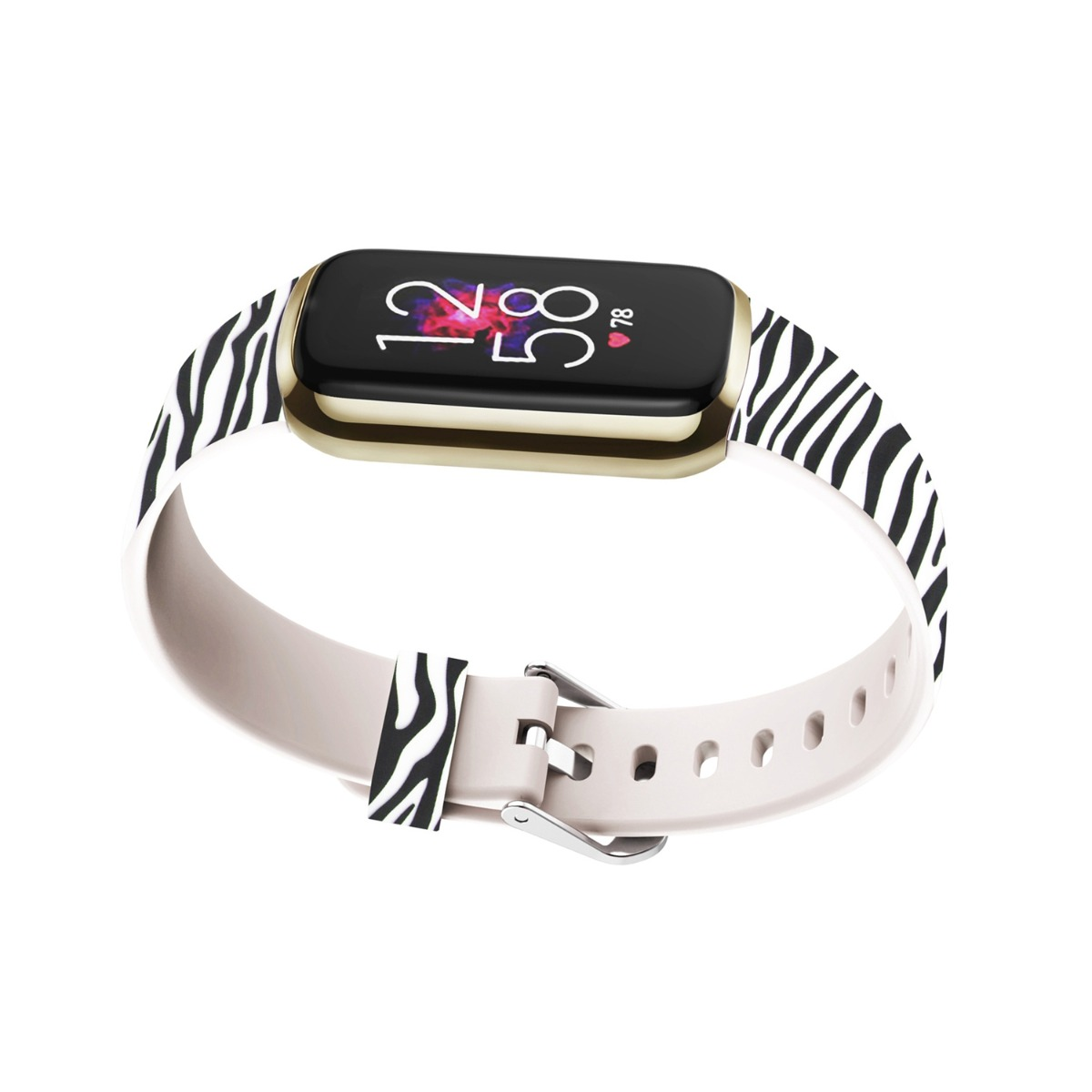 Smartwatch con cinturino zebrato e cassa dorata. Ora visualizzata 12:58.