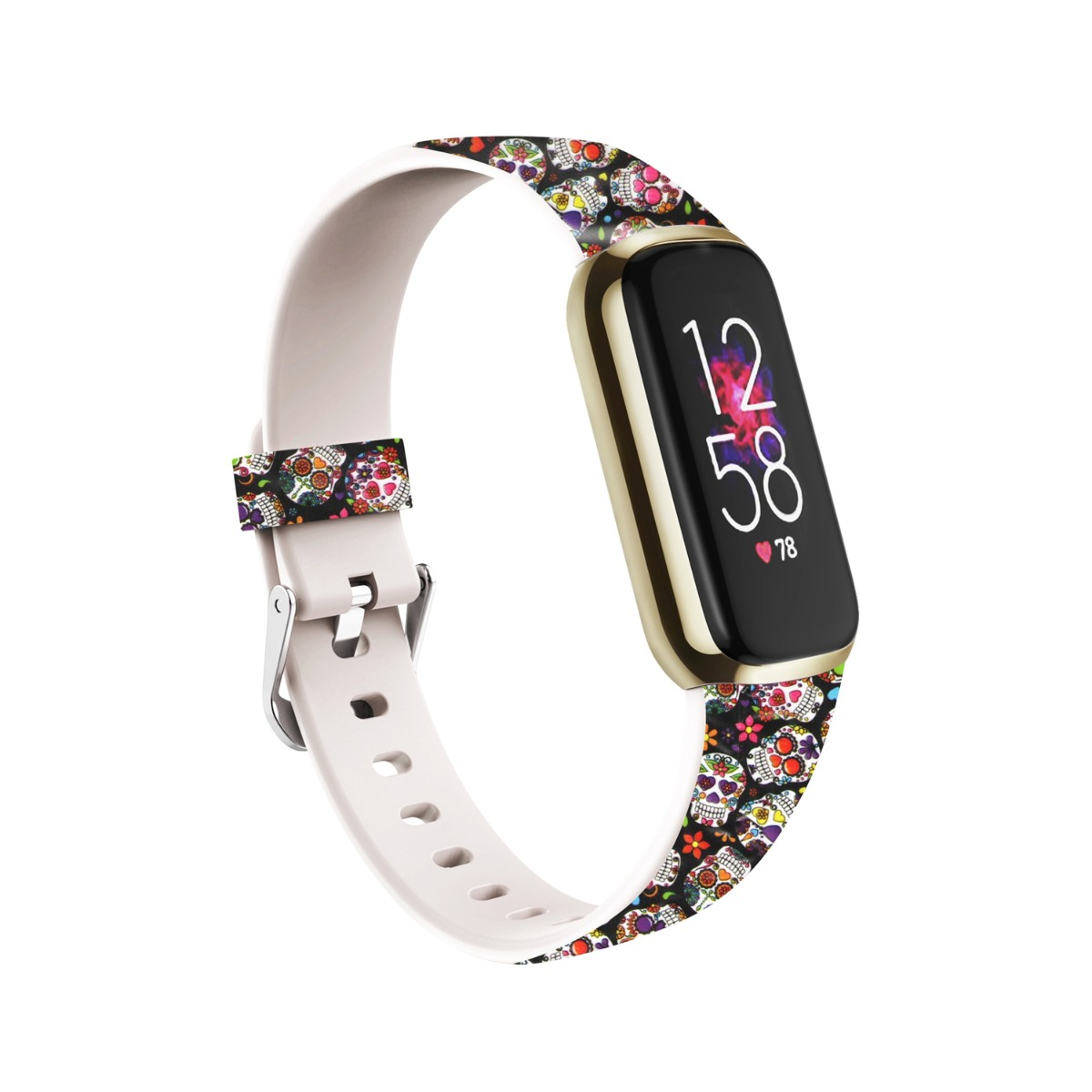 Fitness tracker con cinturino bianco e motivo teschio colorato.