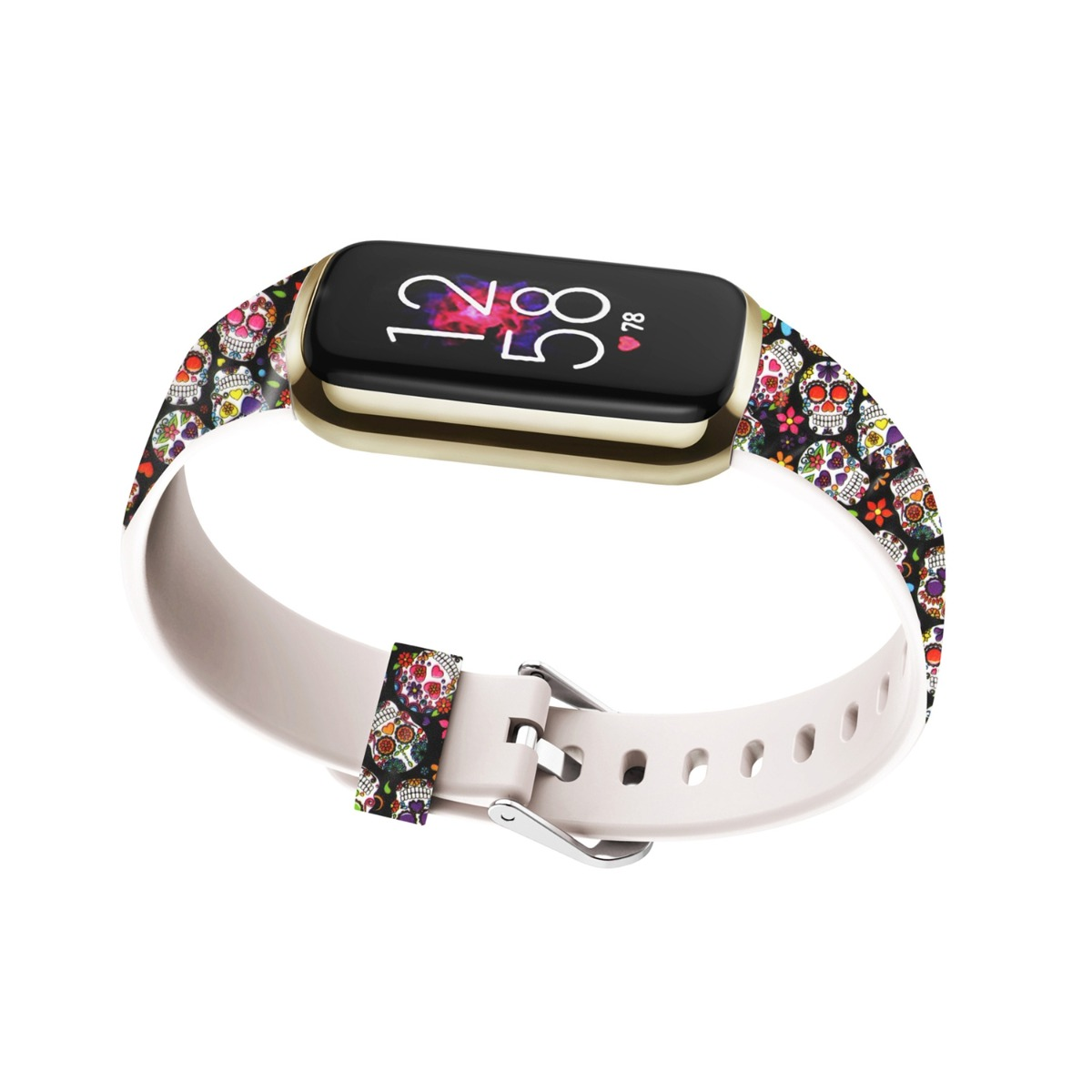 Un fitness tracker con cinturino a teschio colorato.