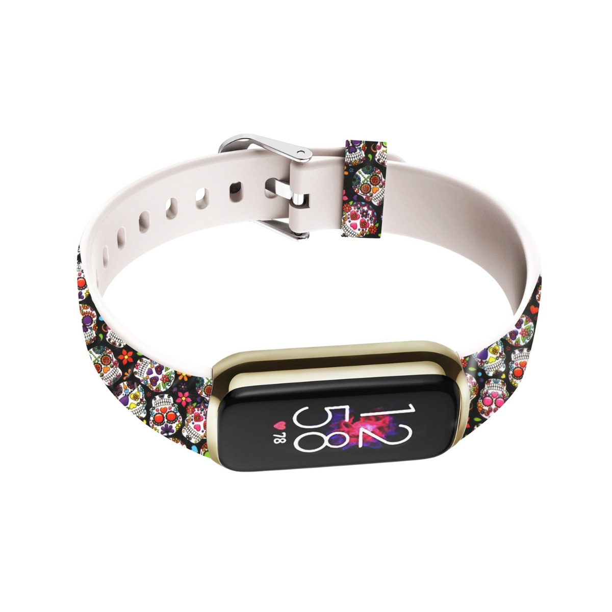 Un cinturino bianco con motivo di teschi e un fitness tracker.