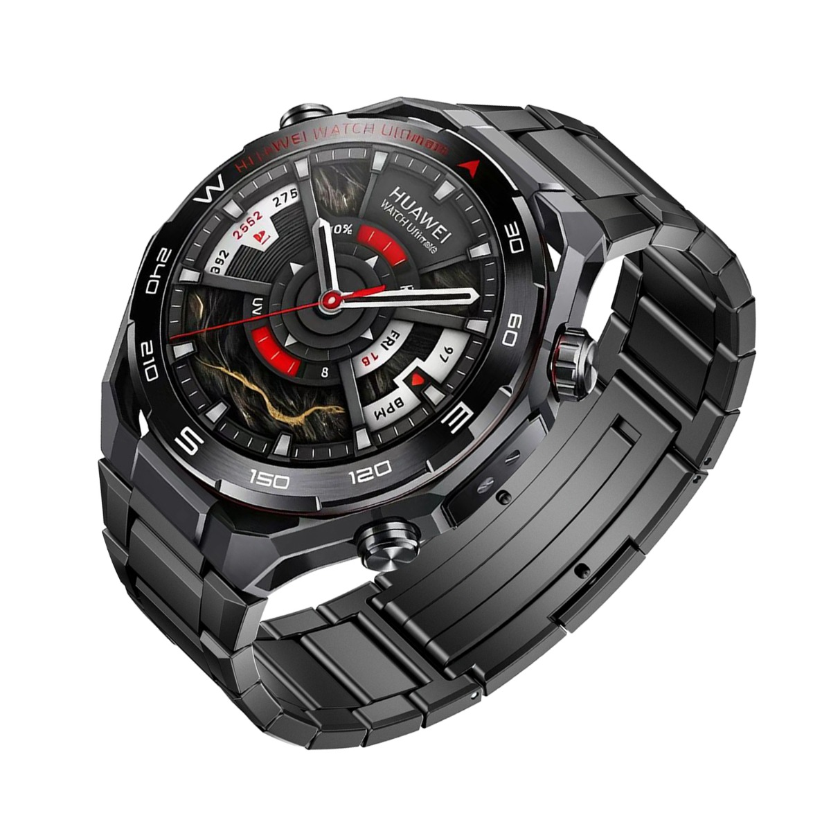 Eine schwarze Huawei Smartwatch mit Metallarmband und detailreichem Zifferblatt.