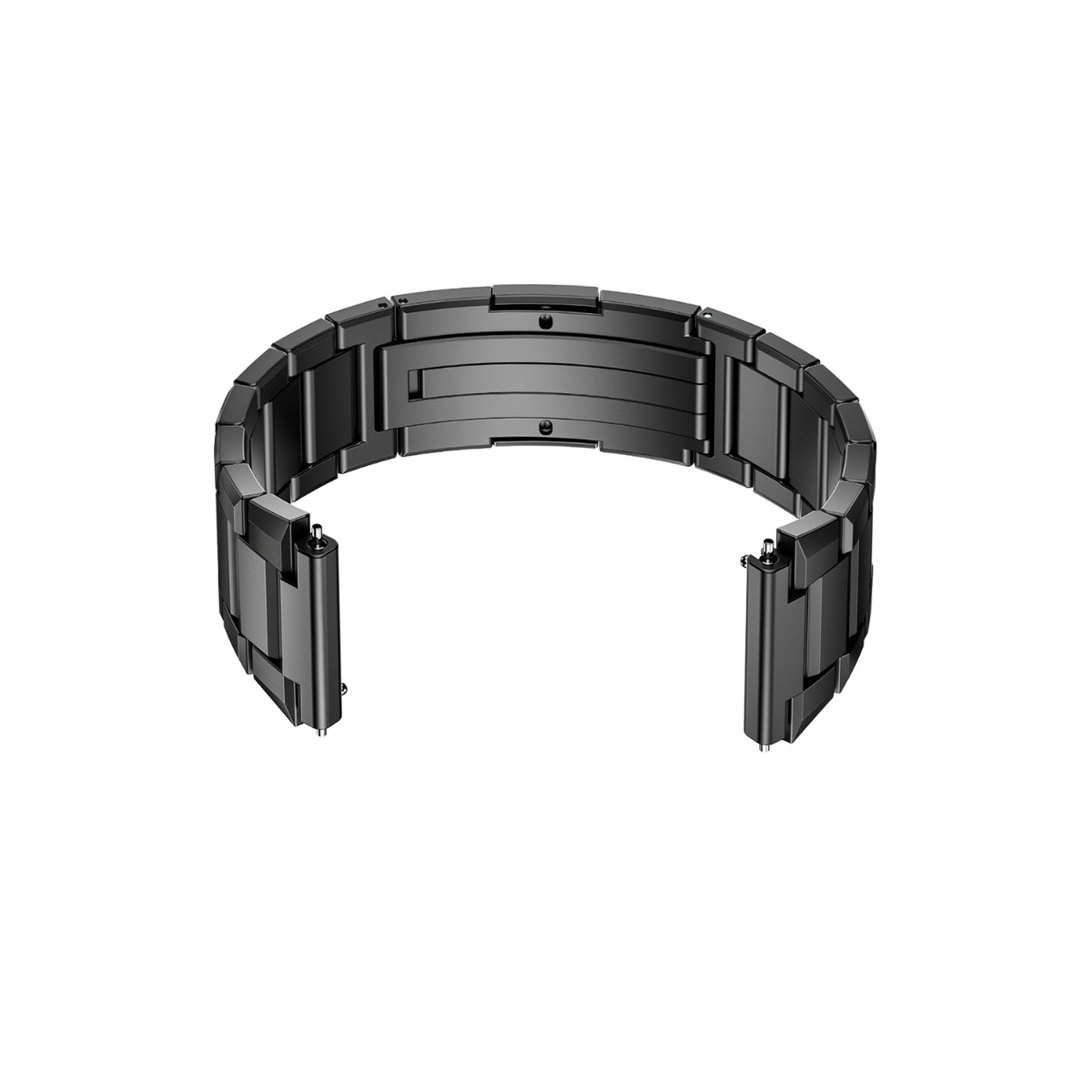 Ein geschwungenes, mattes, schwarzes Metallarmband mit Gliedern, das auf weißem Hintergrund isoliert ist.