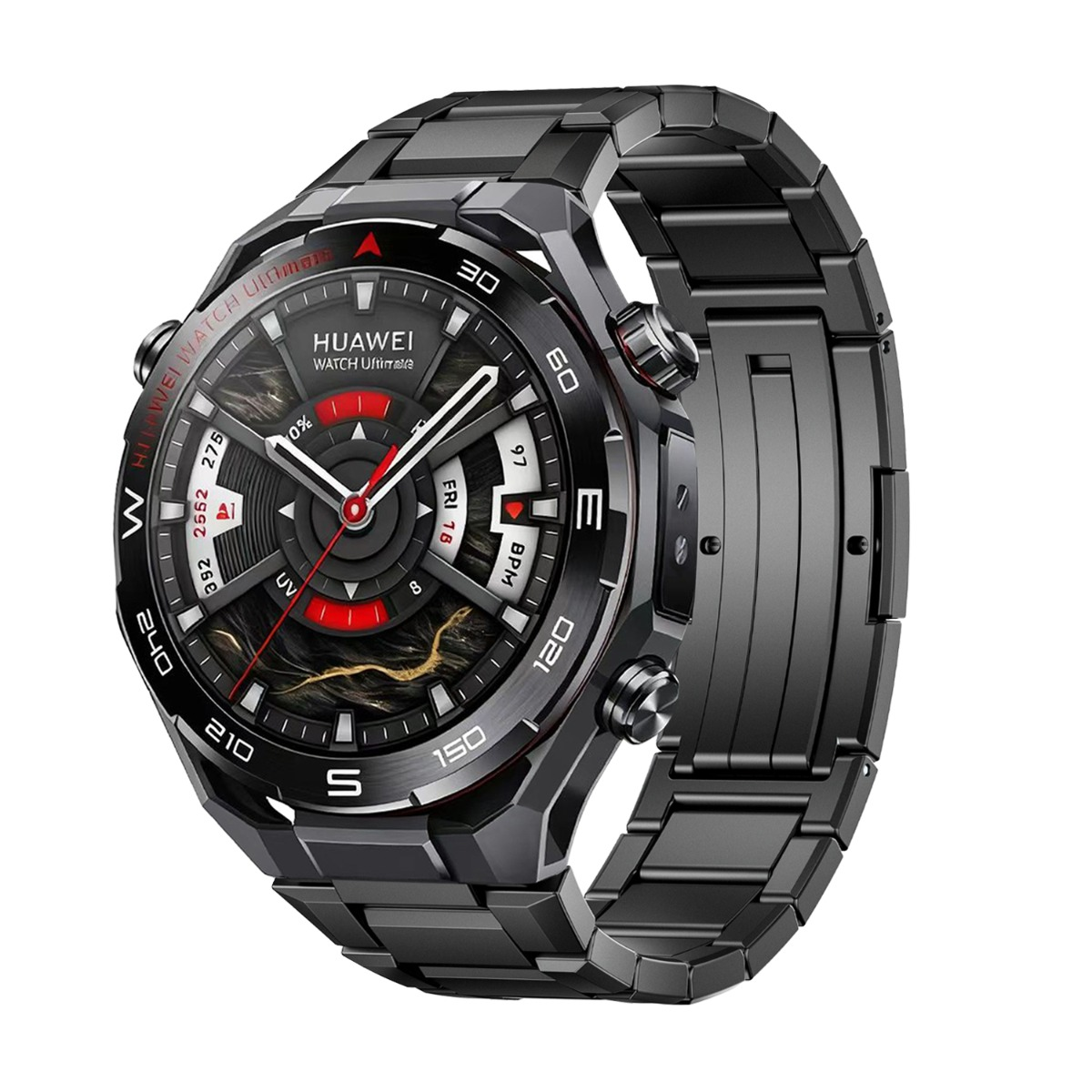 Eine schwarze Huawei Watch Ultimate mit Metallarmband, die Uhrzeit, Datum und Gesundheitsdaten anzeigt.