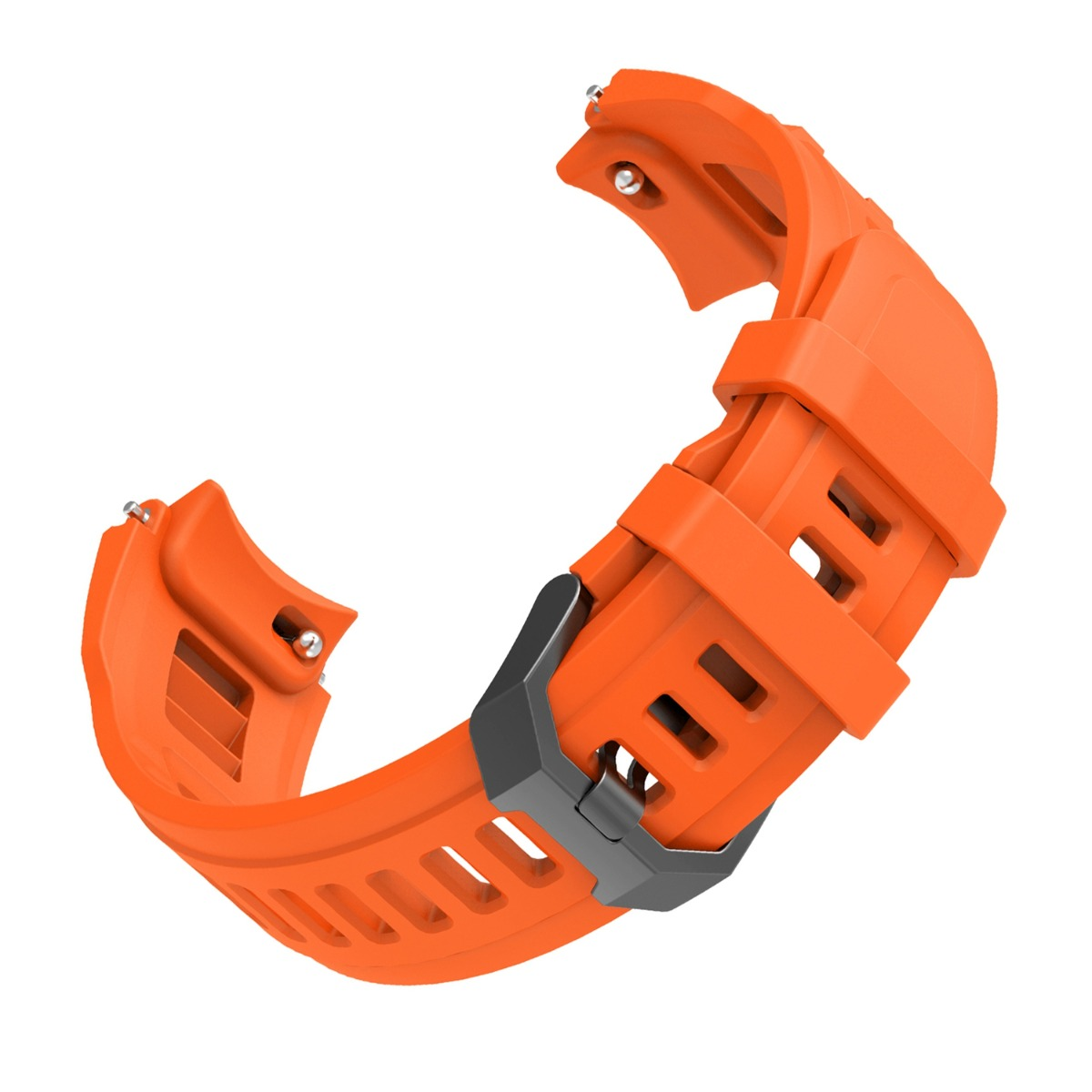Ein orangefarbenes Uhrenarmband mit schwarzem Verschluss auf weißem Hintergrund.