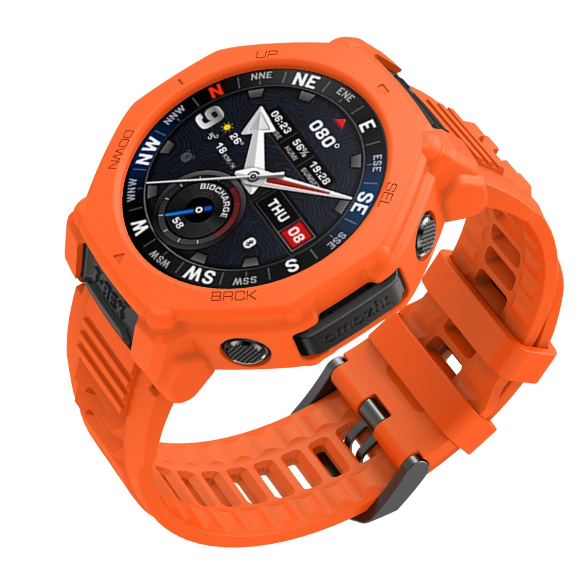 Orange Smartwatch mit Kompass-Display zeigt Uhrzeit, Datum, Windgeschwindigkeit.