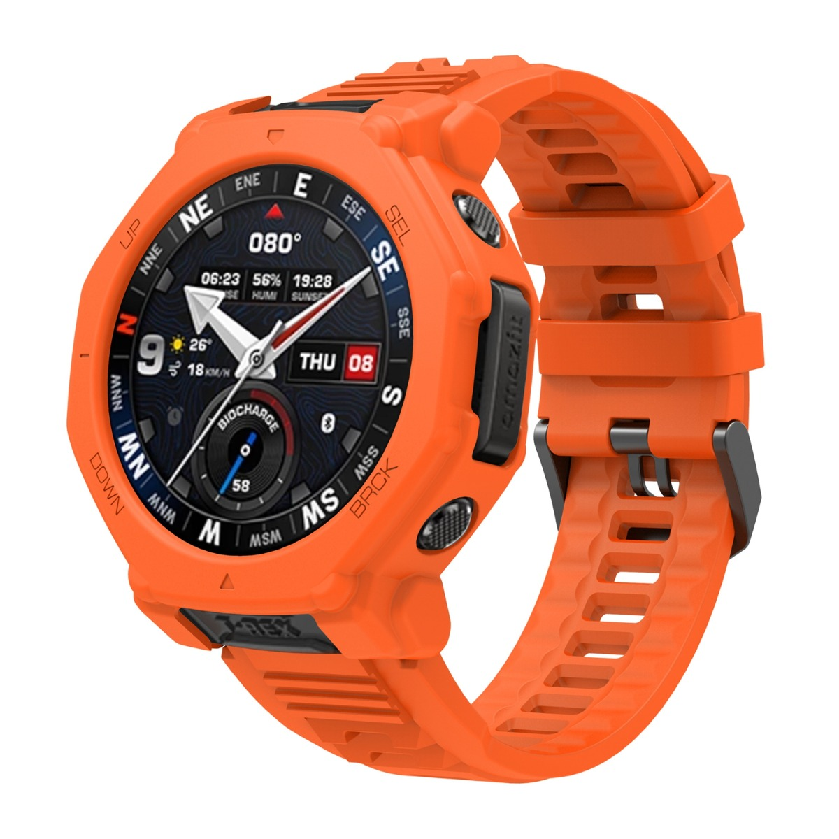 Eine orangefarbene Smartwatch mit schwarzem Zifferblatt und Kompassanzeige.