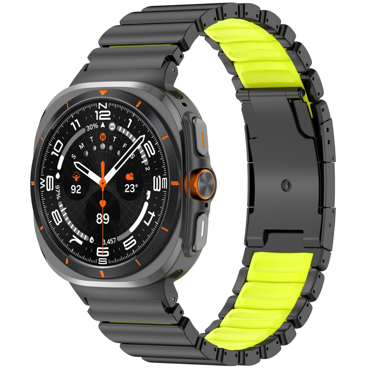 Uno smartwatch grigio con cinturino giallo acceso e display digitale.