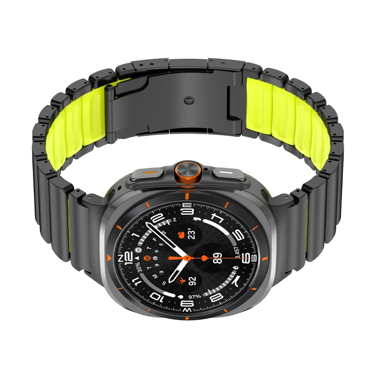 Uno smartwatch grigio con cinturino interno giallo e cinturino in metallo nero.