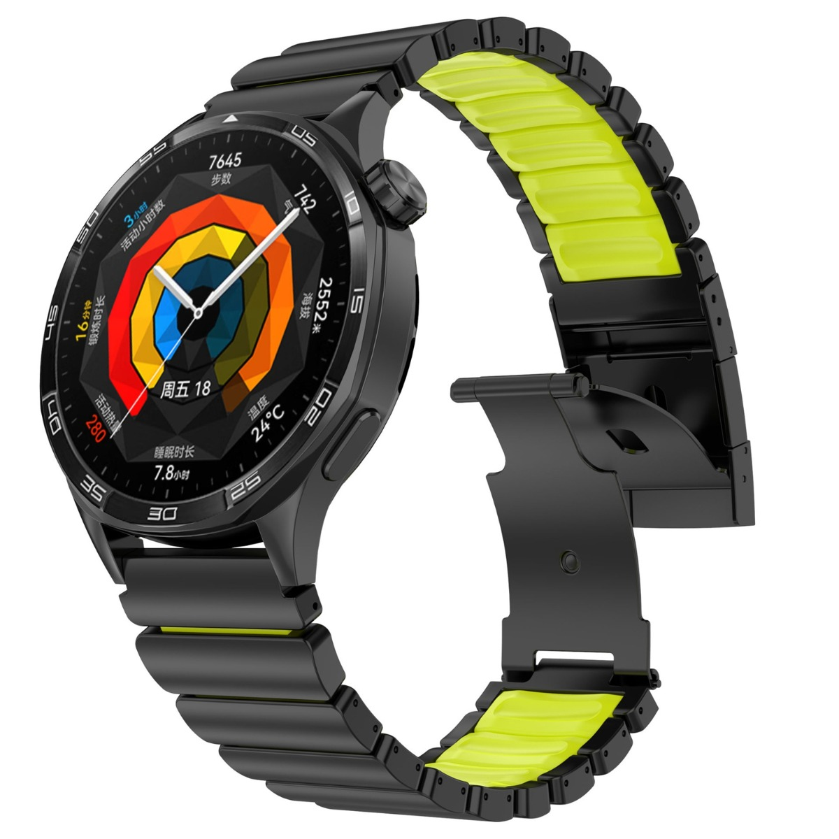 Smartwatch nero con accenti gialli, che mostra anelli di attività colorati sullo schermo.