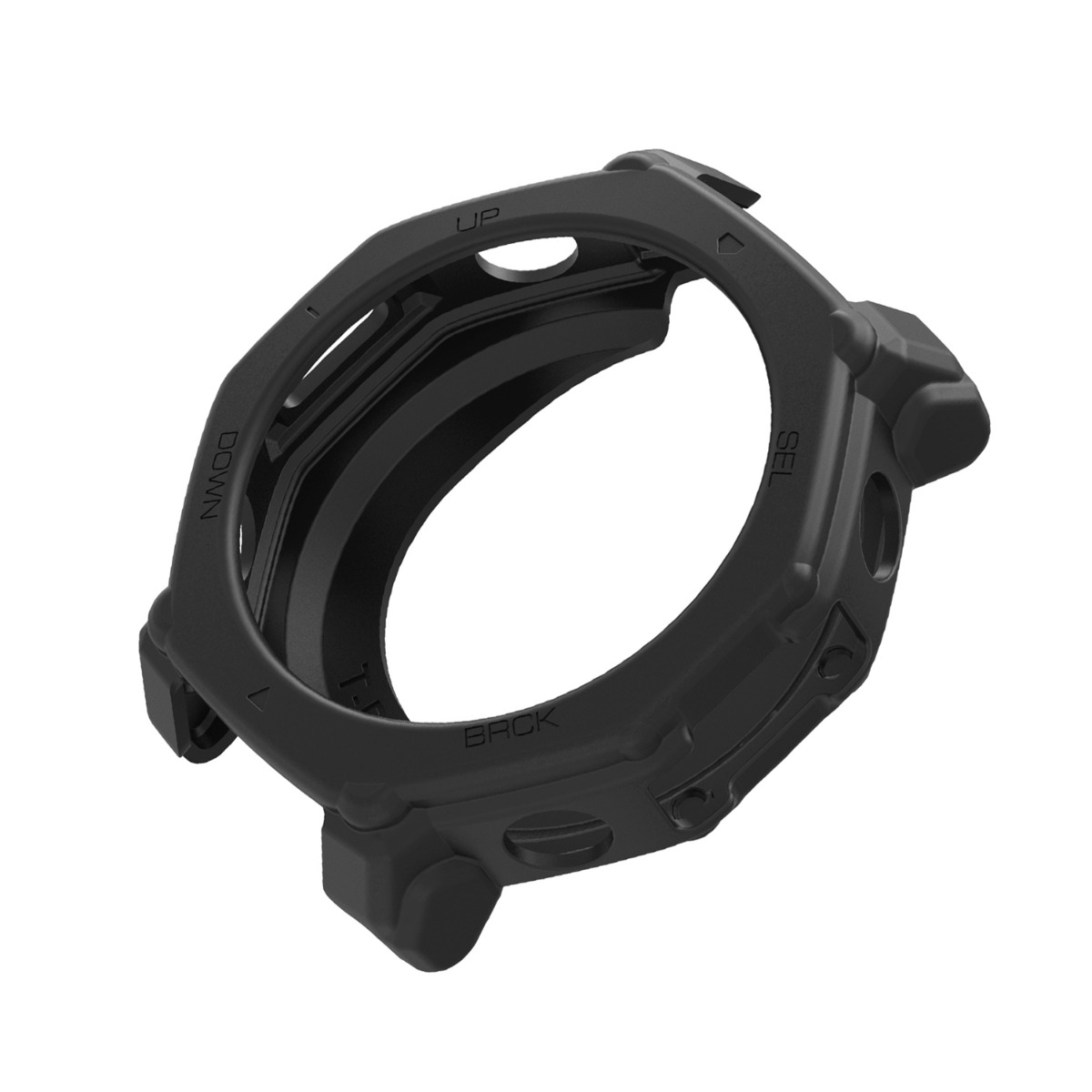 Protezione nera per orologio con etichette UP, DOWN, SEL, BRCK. Isolato.