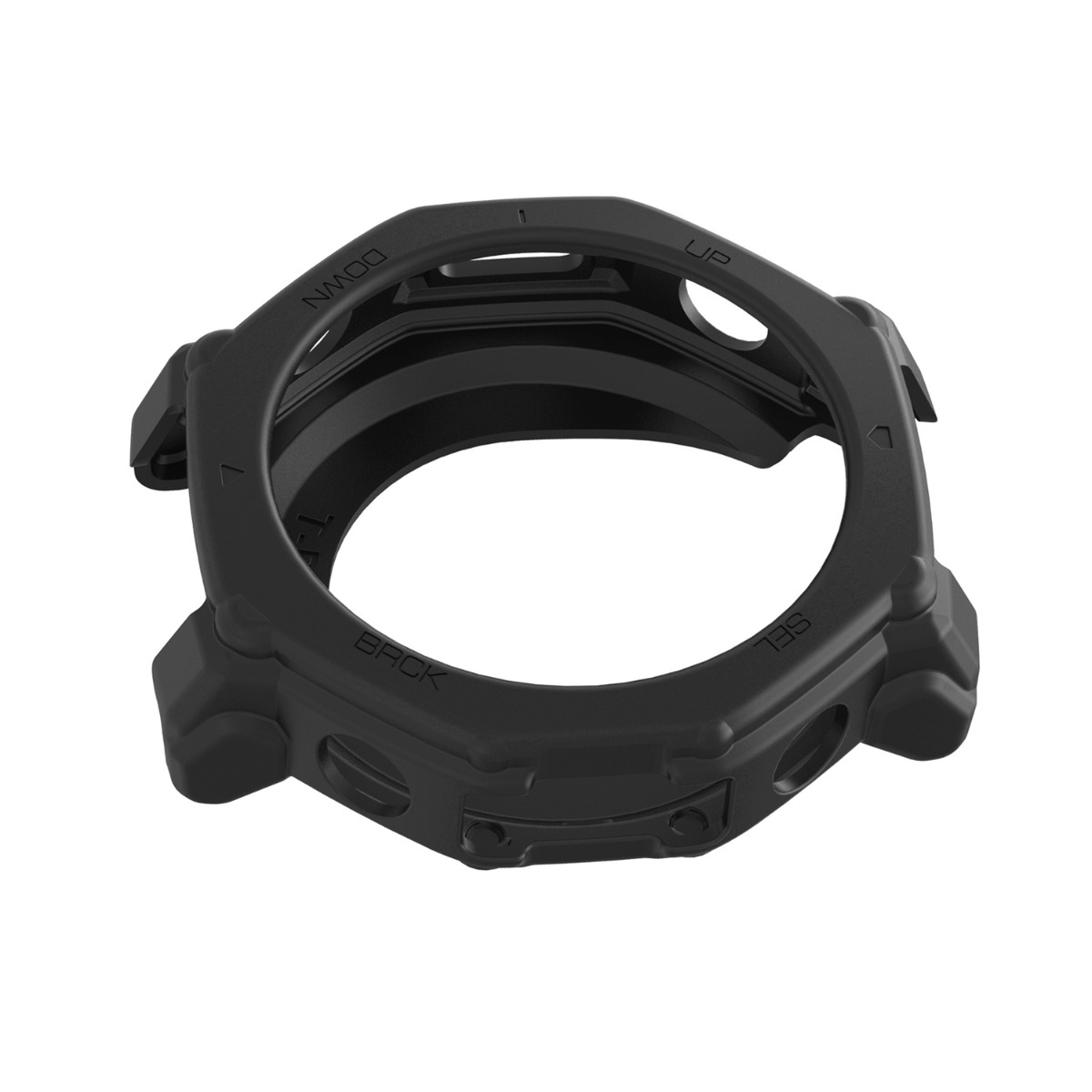 Ghiera nera per orologio con etichette UP, DOWN, SEL, BACK. Accessorio.