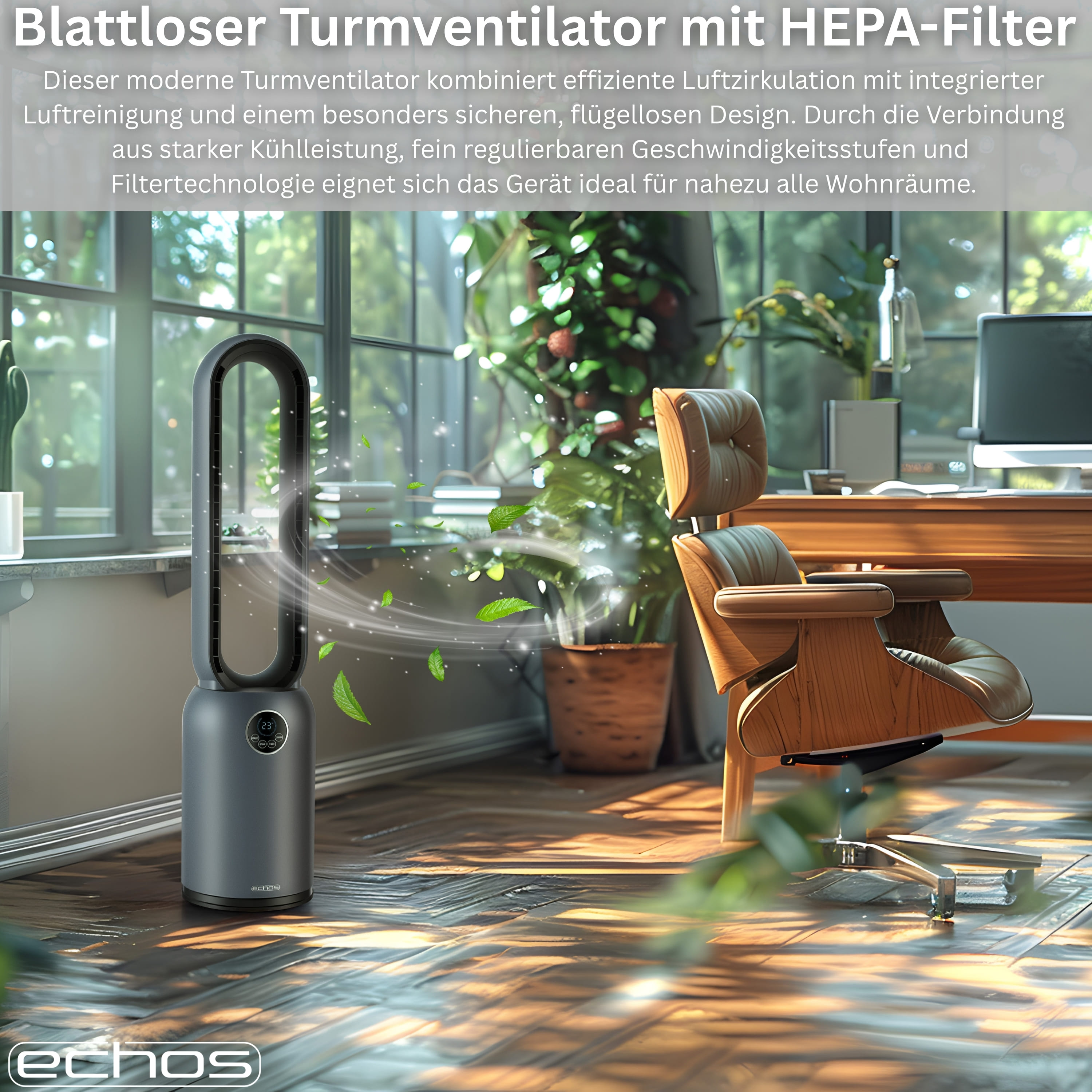 Ein moderner, blattloser Turmventilator mit HEPA-Filter in einem Wohnraum.