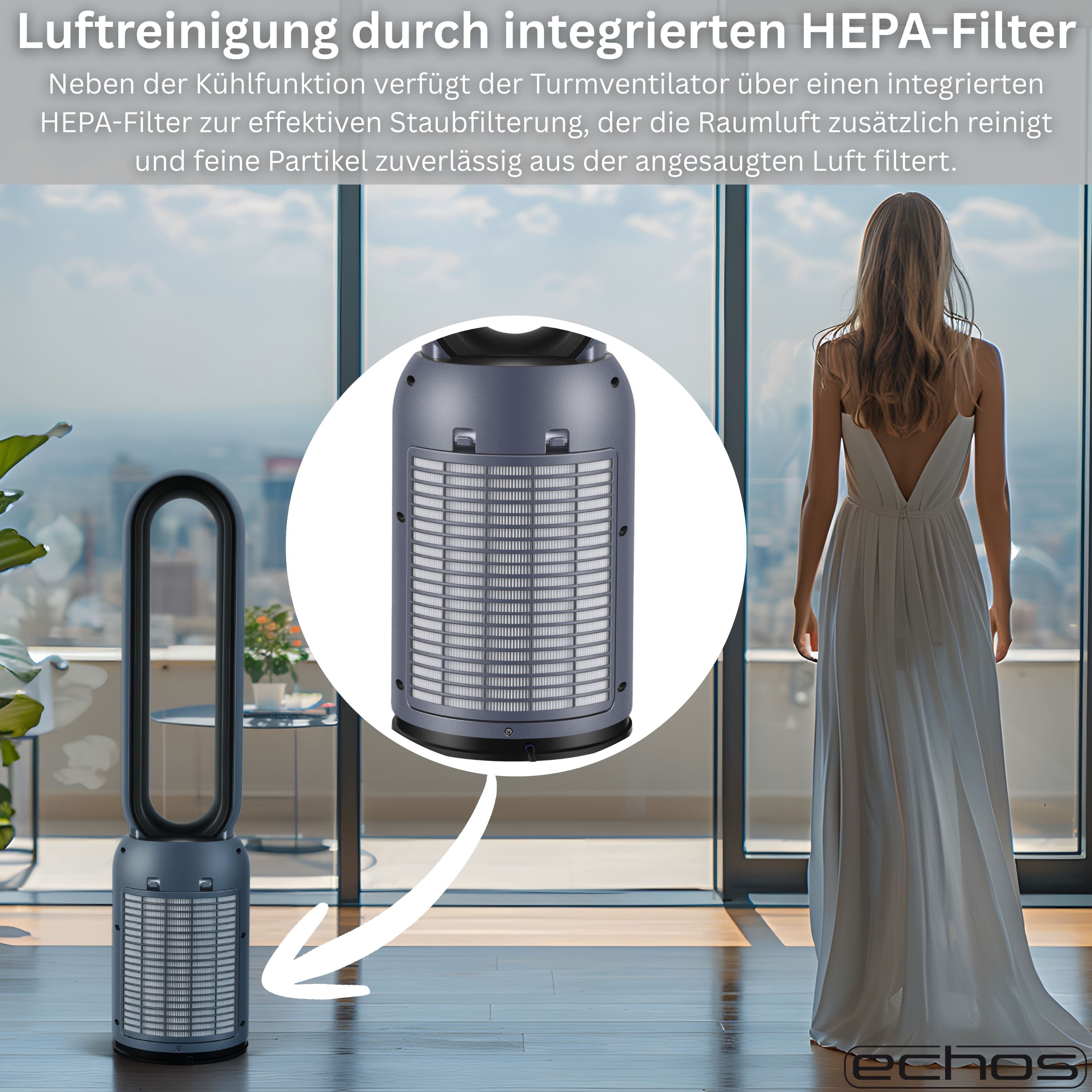 Ein moderner Turmventilator mit HEPA-Filter steht vor einem Fenster.
