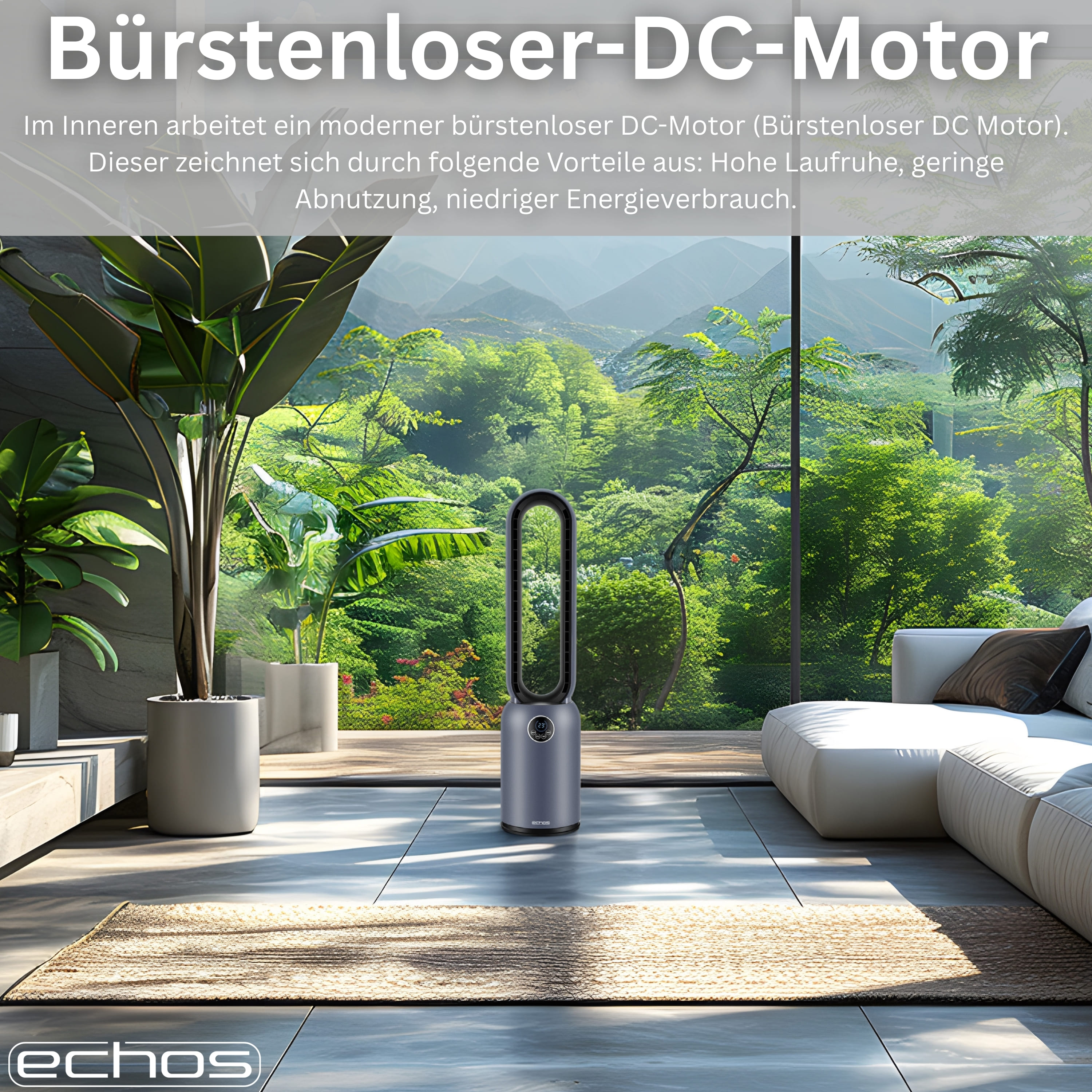 Moderner Ventilator vor üppiger grüner Landschaft mit Bergen.